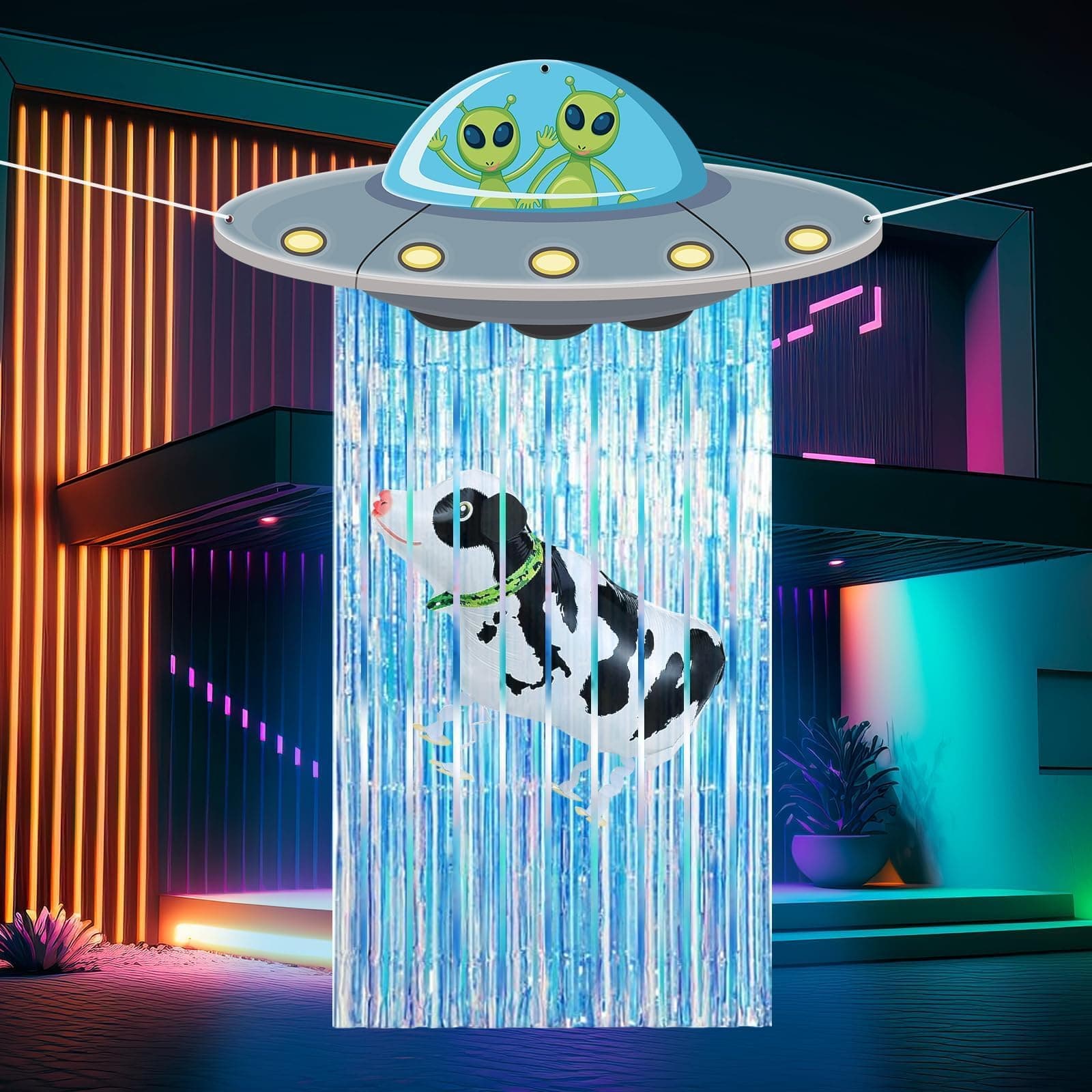 Alien Party Decorations Door Banner with Tinsel Curtain Halloween Decor