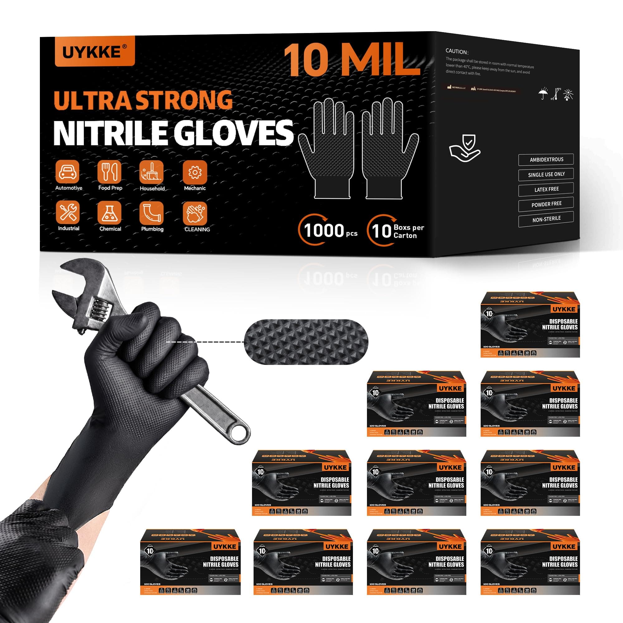 UYKKE Nitrile Gloves Disposable Rubber Gloves Black Nitrile Gloves XL,Heavy Duty 10 Mil Nitrile Disposable Glove Mechanic Latex Rubber Black Glove with Diamond Textured