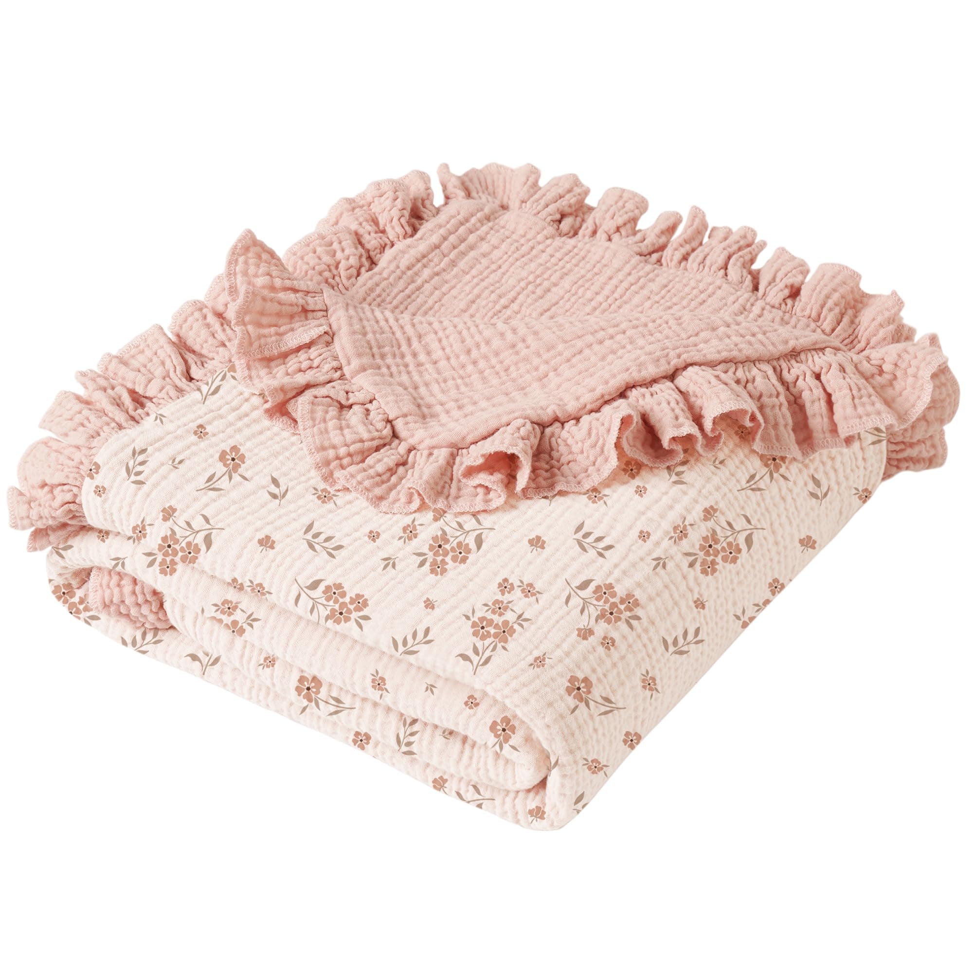 Konssy 100% Cotton Muslin Baby Blanket with Ruffle Trim for Girls, 43"x39"