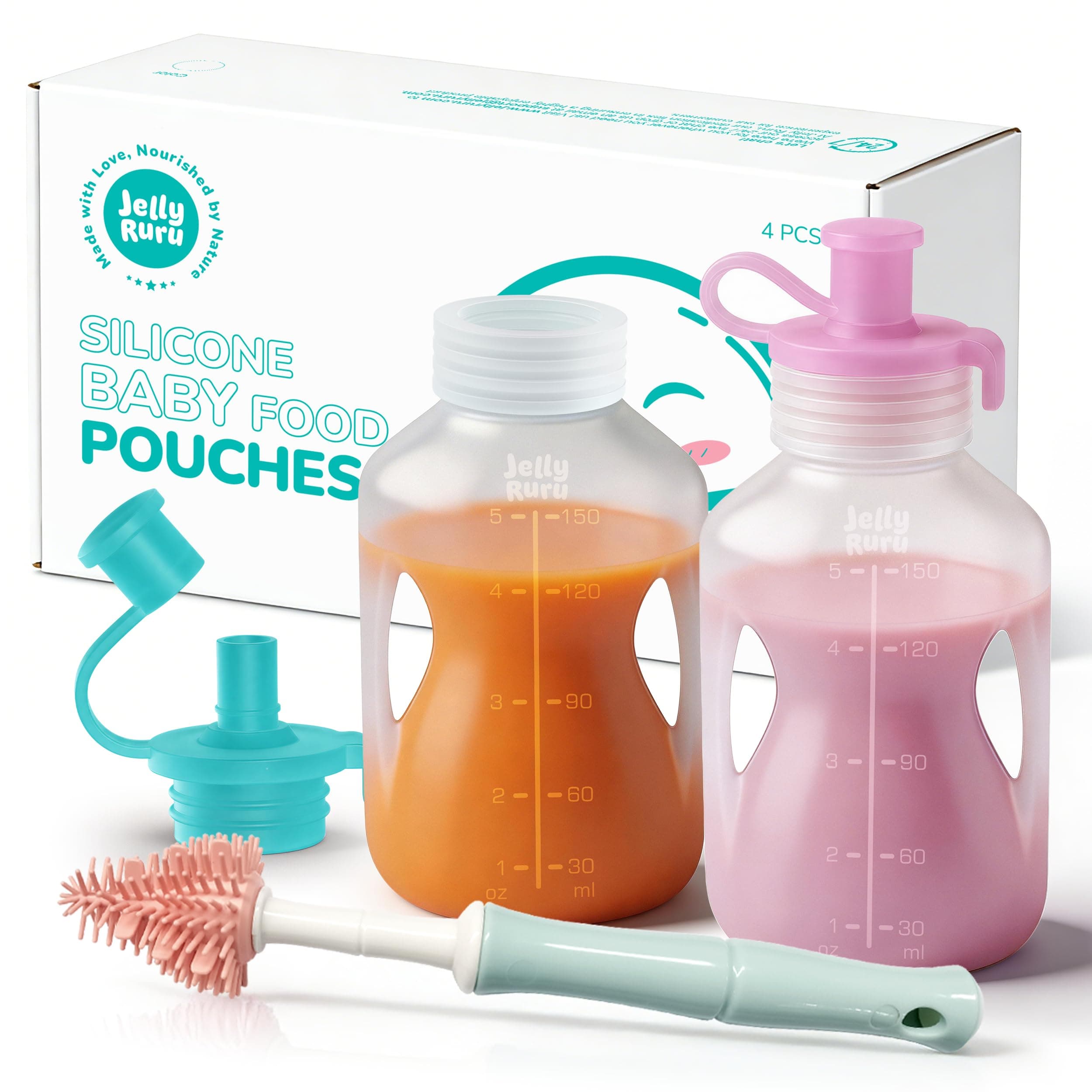 Jelly Ruru Silicone Reusable Baby Food Pouches with Straws, Leakproof Refillable Squeeze Pouches, Dishwasher, Freezer, Microwave Safe, Baby Food Storage for Homemade Puree, Yogurt, 5oz