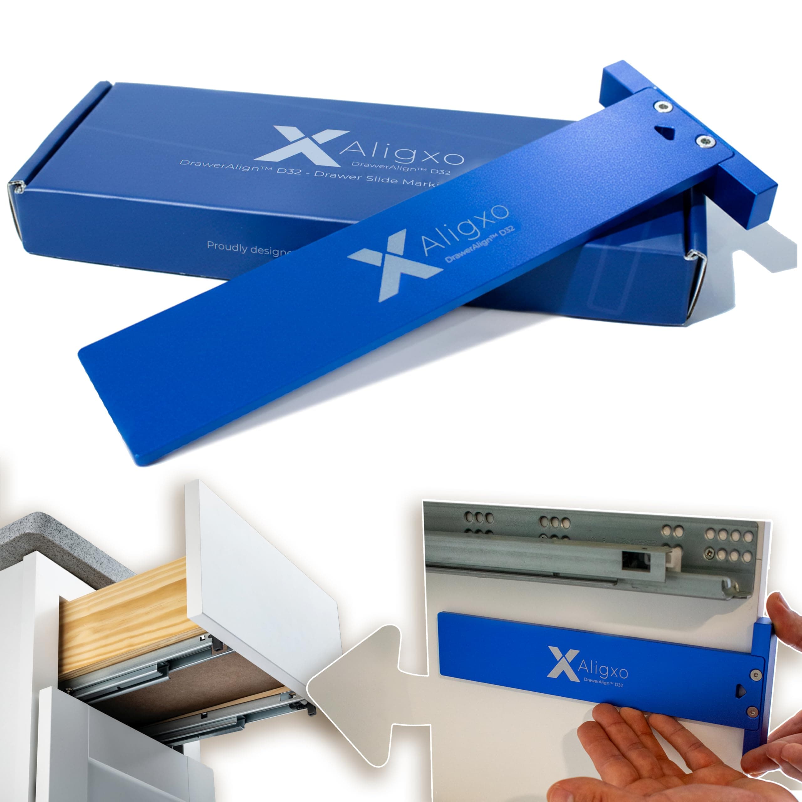 Aligxo DrawerAlign D32 Undermount Drawer Slide Jig - Anodized Aluminum Cabinet Hardware Alignment Tool with Pressure Marking Pins for Side & Undermount Slides (Blum Compatible)