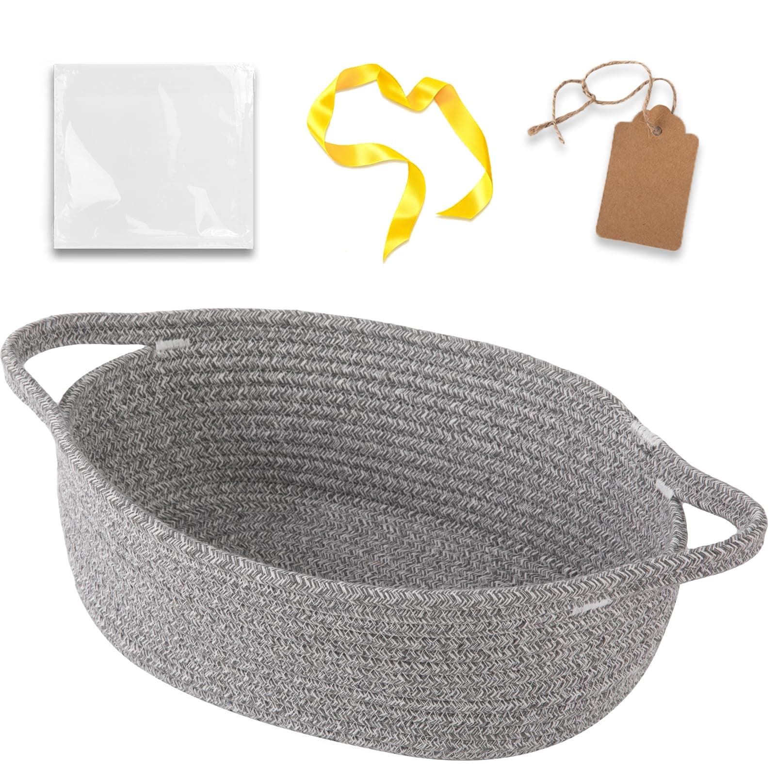 OIAHOMY Small Woven Basket with Gift Bags and Ribbons, Gift Basket Empty with DIY Label Card, Decorative Organizer Box for Baby Toy Pet, Grey