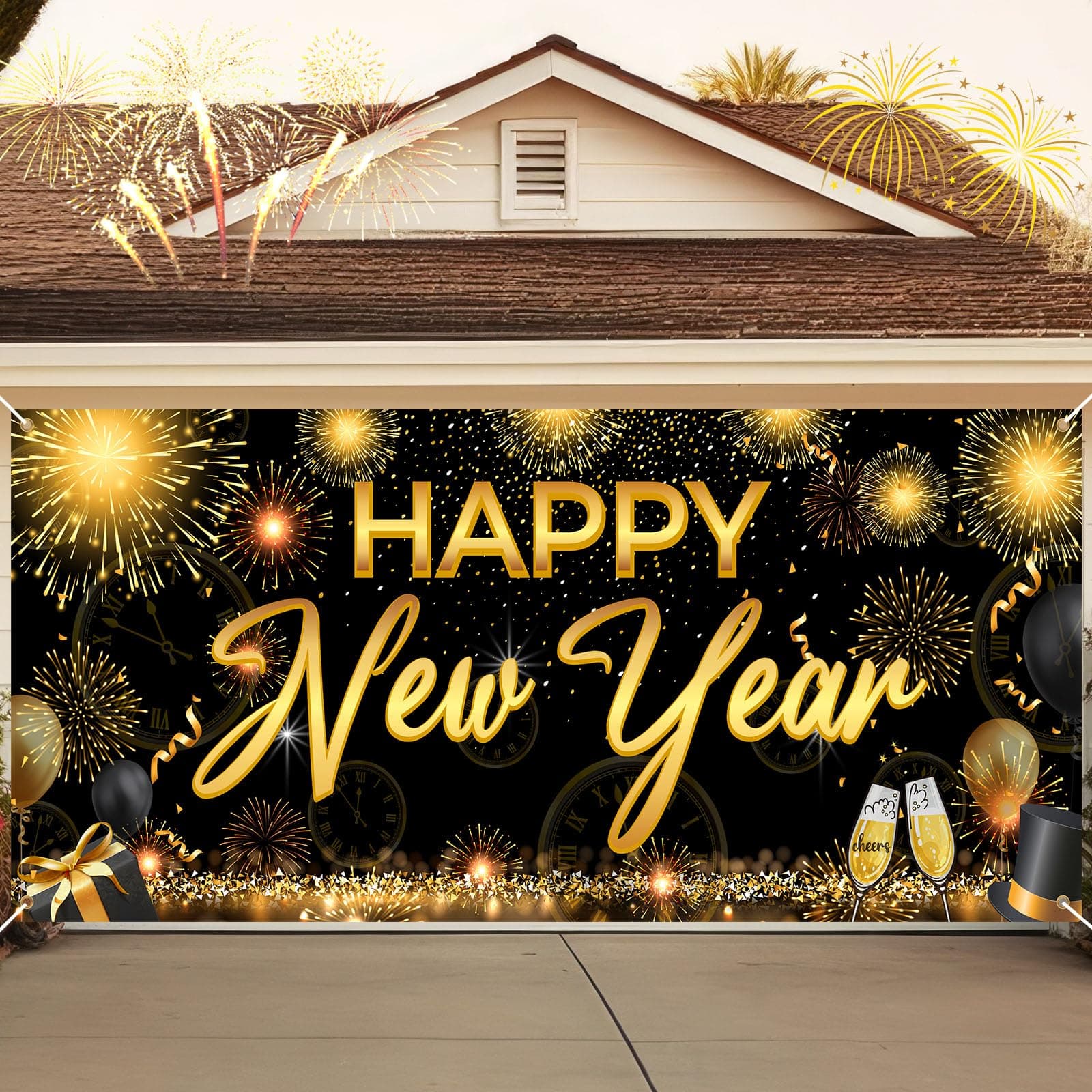 FuWeave 2025 Happy New Year Garage Door Decorations 7 x 16 Ft Black and Gold New Year Garage Door Banner Cover Outdoor Large New Year Eve Backdrop for Home Wall Door Yard Decor (Firework)