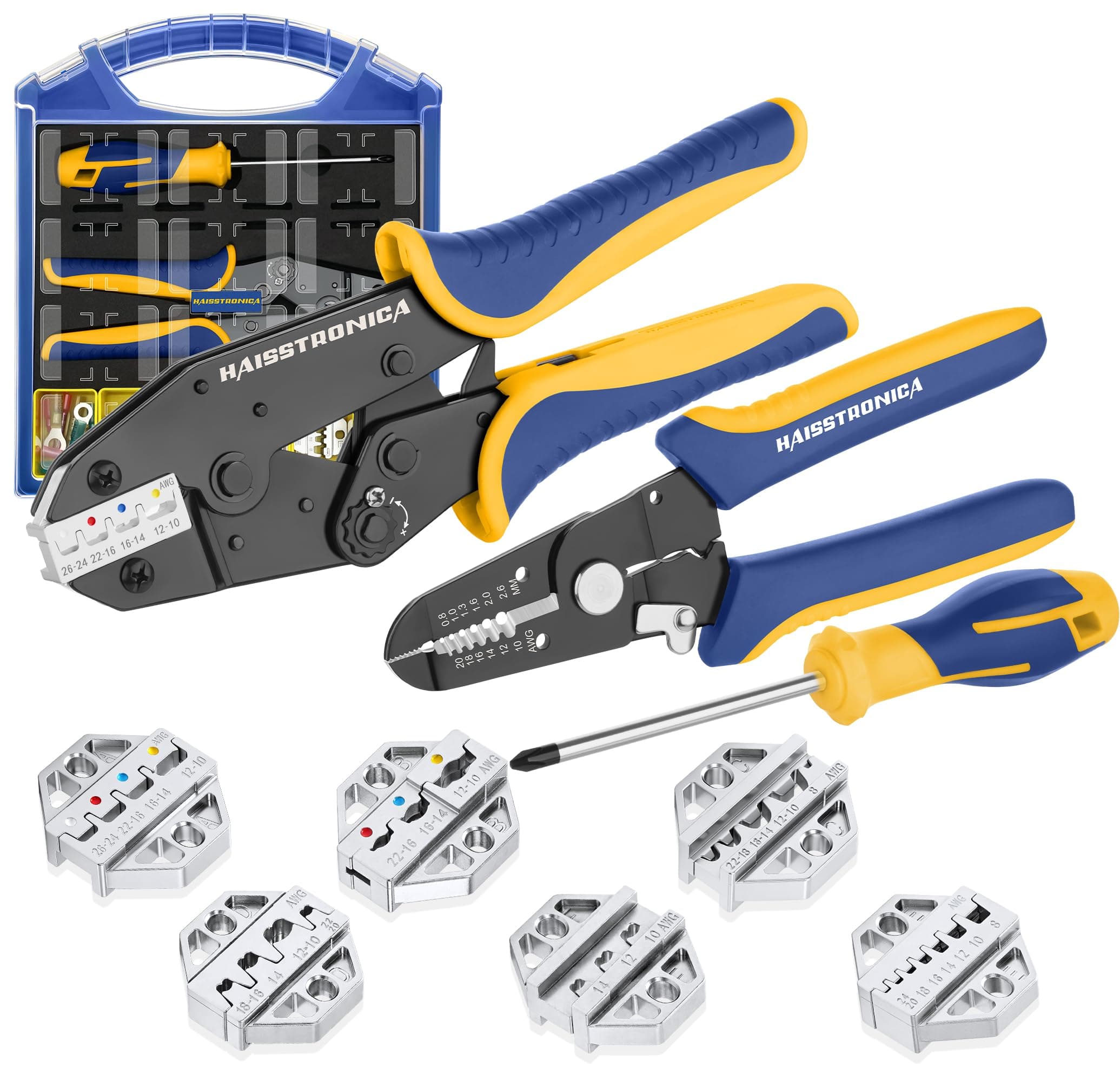 haisstronica Crimping Tool Set - 6PCS Crimping Die for Heat Shrink,Insulated Nylon,Non-Insulated,Ferrule Wire End,Open Barrel Terminals,Solar Connectors - with Wire Stripper Tool and Screwdriver