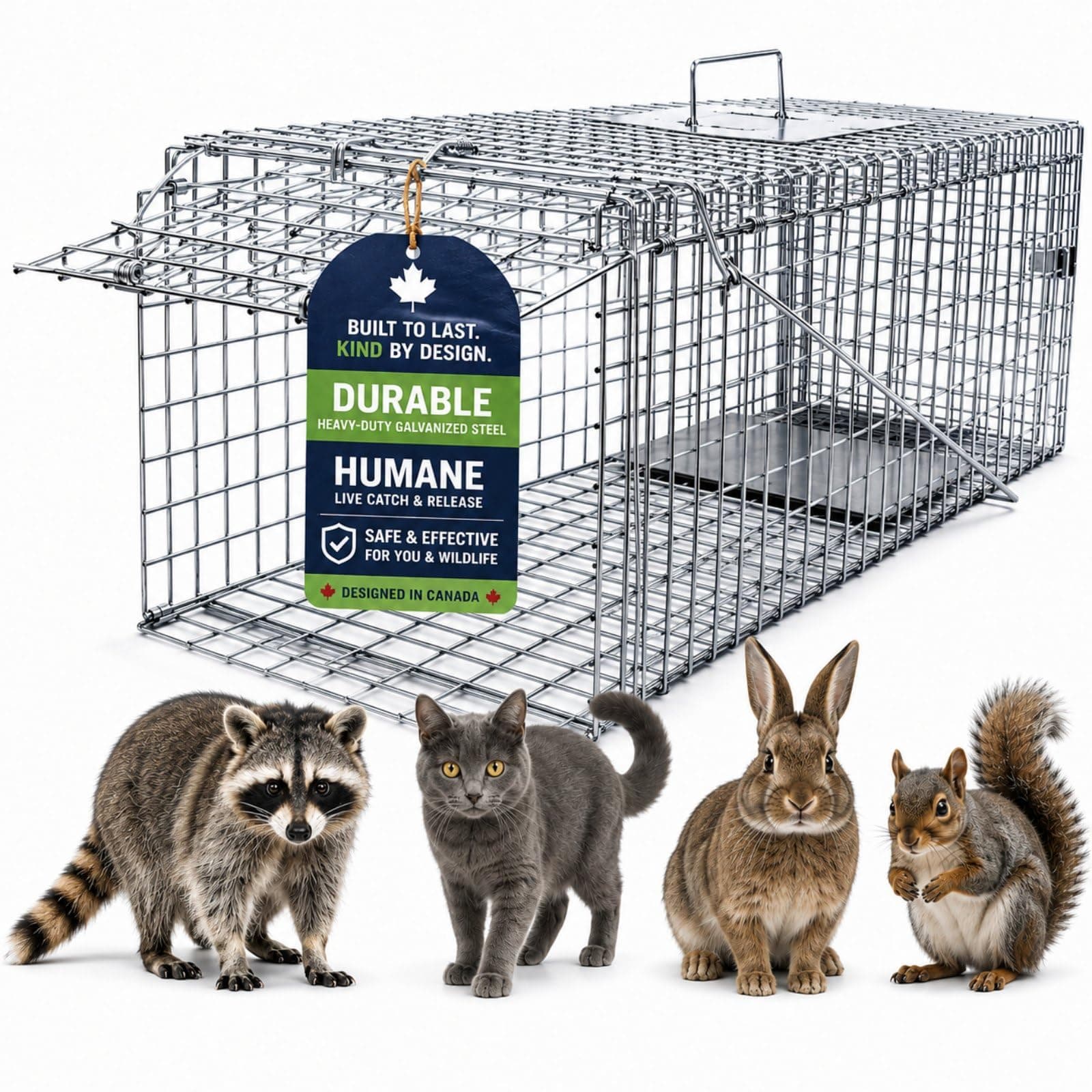 Humane Live Animal Trap, Heavy Duty Stray Cat Trap with Safety Guard & Smooth Edges, Sensitive Pedal Trigger, Foldable Galvanized Steel Cage for Rabbits, Squirrels, Safe for Humans & Animals