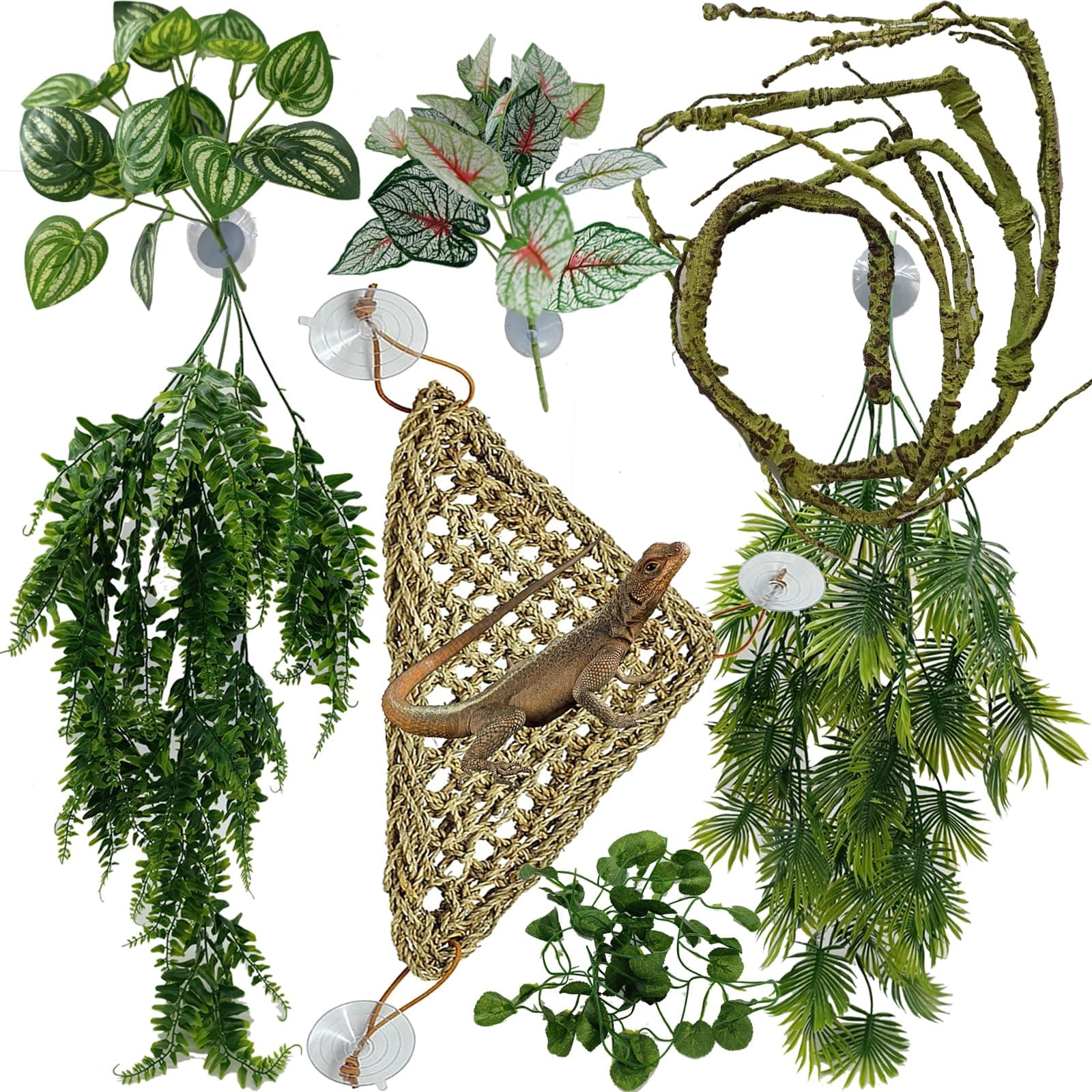 Bearded Dragon Terrarium Accessories, Reptile Plants with Hammock, Leopard Crested Gecko,Vines Climbing Branch Decor,Lizard,Snake Hide,Ball Python,Chameleon,Triceratops (Group EN)