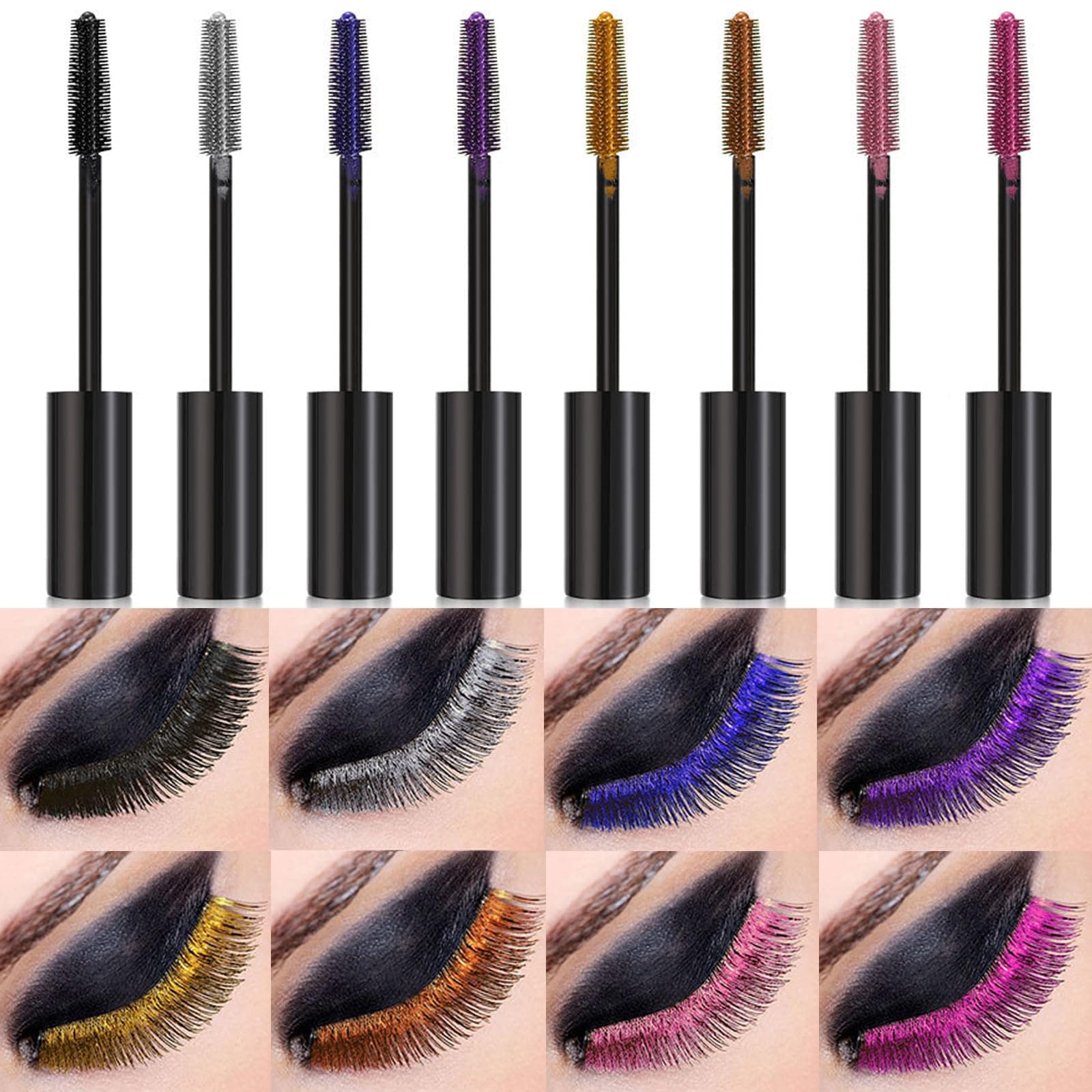 8Pcs Colored Mascara Set for Eyelashes, White Blue Purple Mascara Black Volume and Length, Fast Dry, Waterproof Long Lasting Smudge Proof Mascaras, Cosplay Party Stage Eye Makeup Gift Set for Women