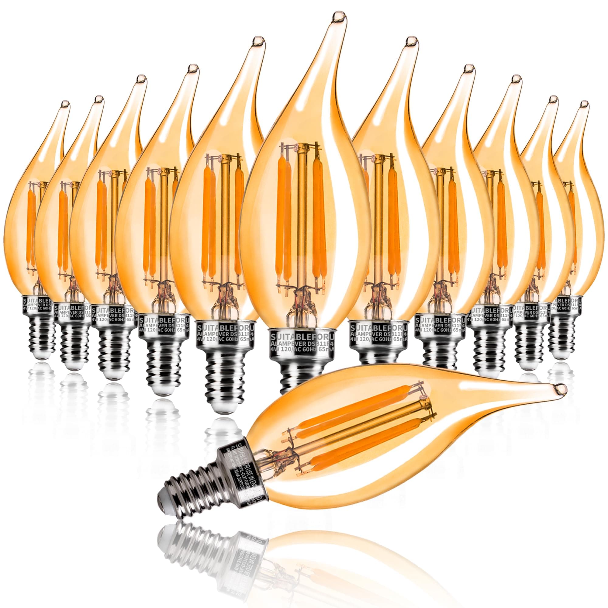 ALAMPEVER CA11 E12 LED Chandelier Light Bulbs 40W Equivalent, Dimmable LED Candelabra Bulbs, 2200K Warm White, 330LM, Amber Glass, 12 Pack