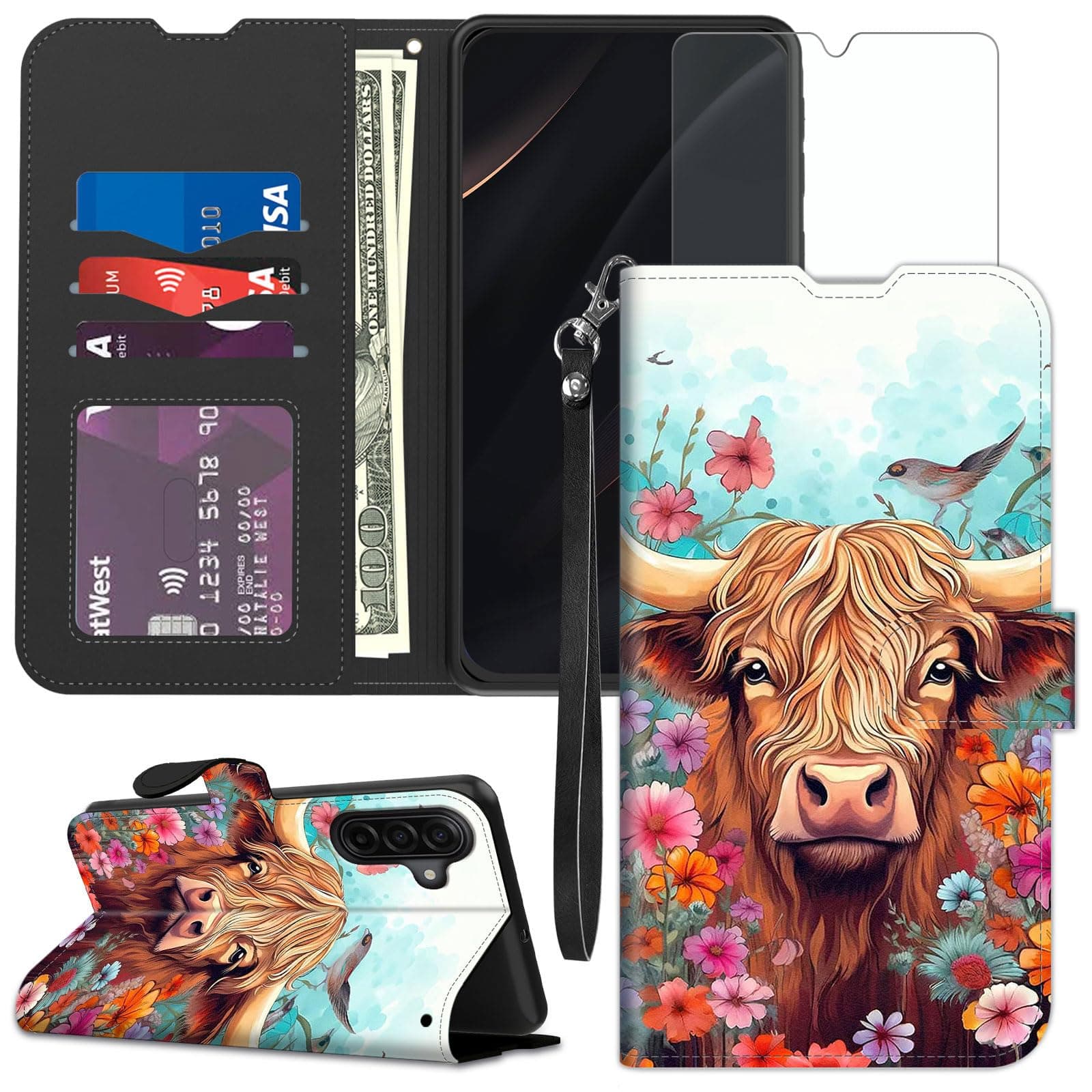 for Samsung Galaxy A17 5G Wallet case with Screen Protector, RFID Blocking Credit Card Holder, Folio Flip PU Leather Shockproof Protective Cover for Samsung A17 5G, Cow Flowers