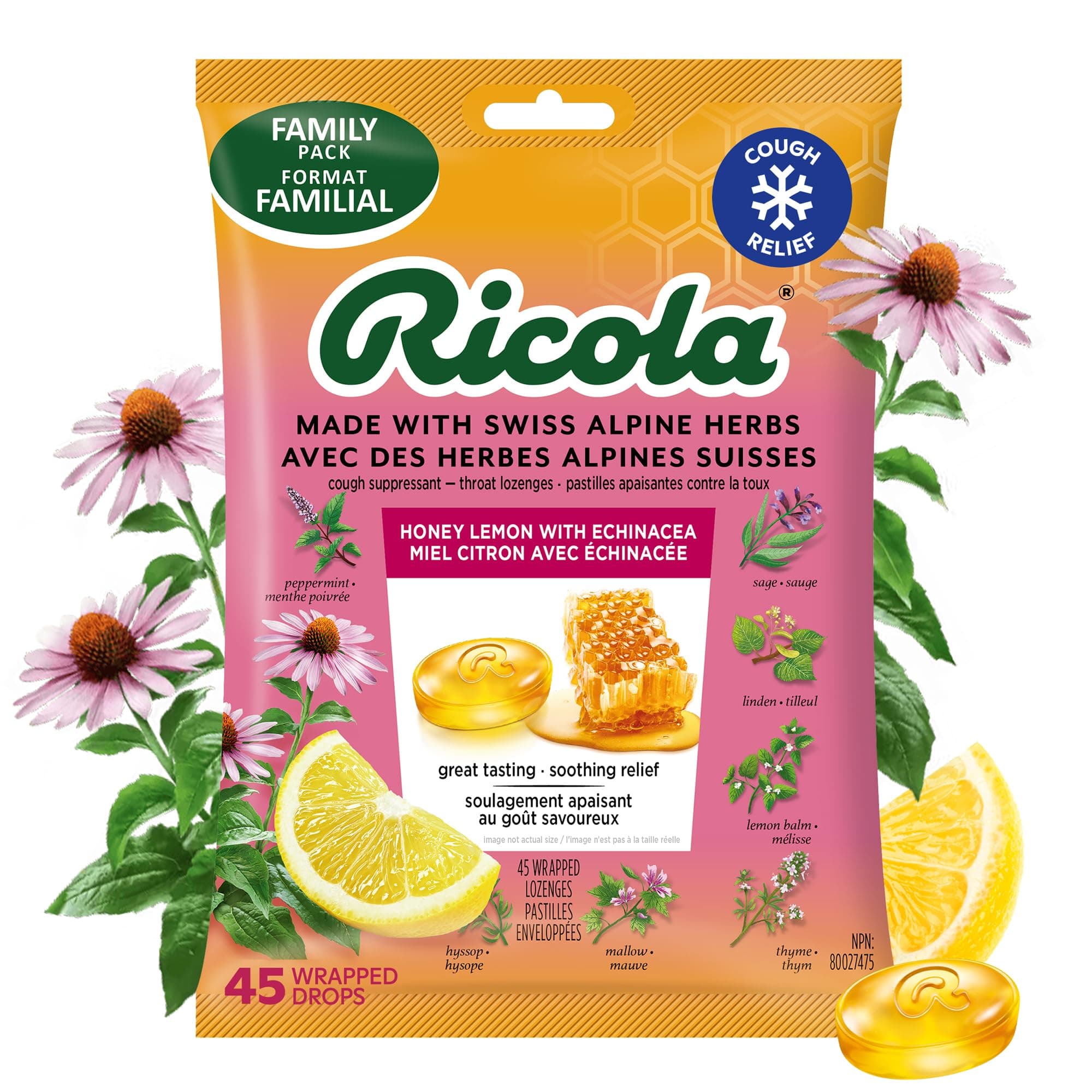 Ricola Honey Lemon Echinacea Cough Drops - 45 Count