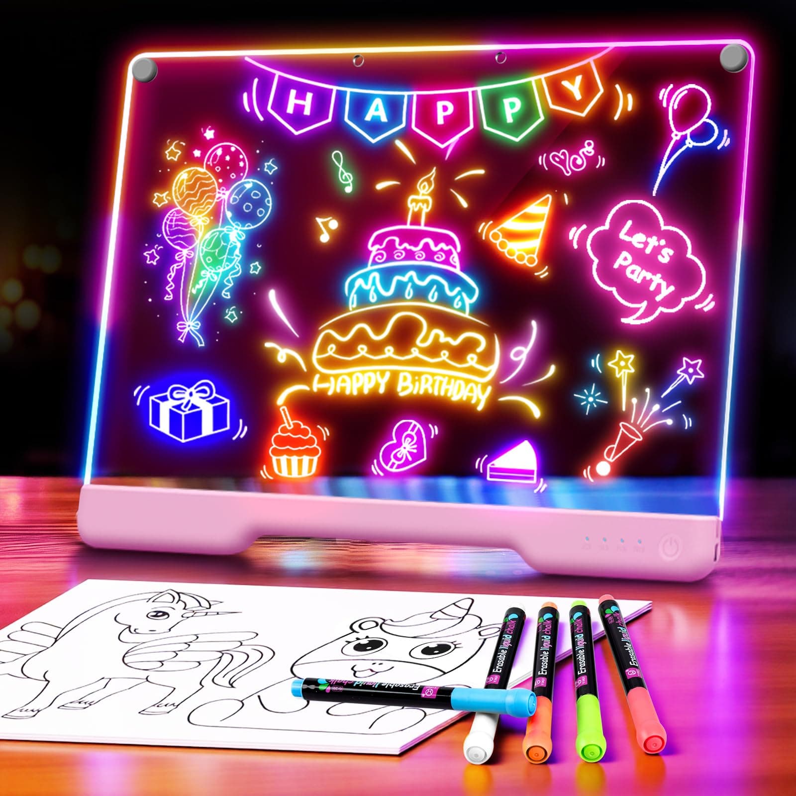 16-Inch Rechargeable Doodle Glow LED Note Board, 7-Color Light Modes, Neon Art Dry Erase Light Up Drawing Pad with Built-in Stand, Sketching Birthday Gift Toy for Girls/Teens, 5 Markers & Tracing Book