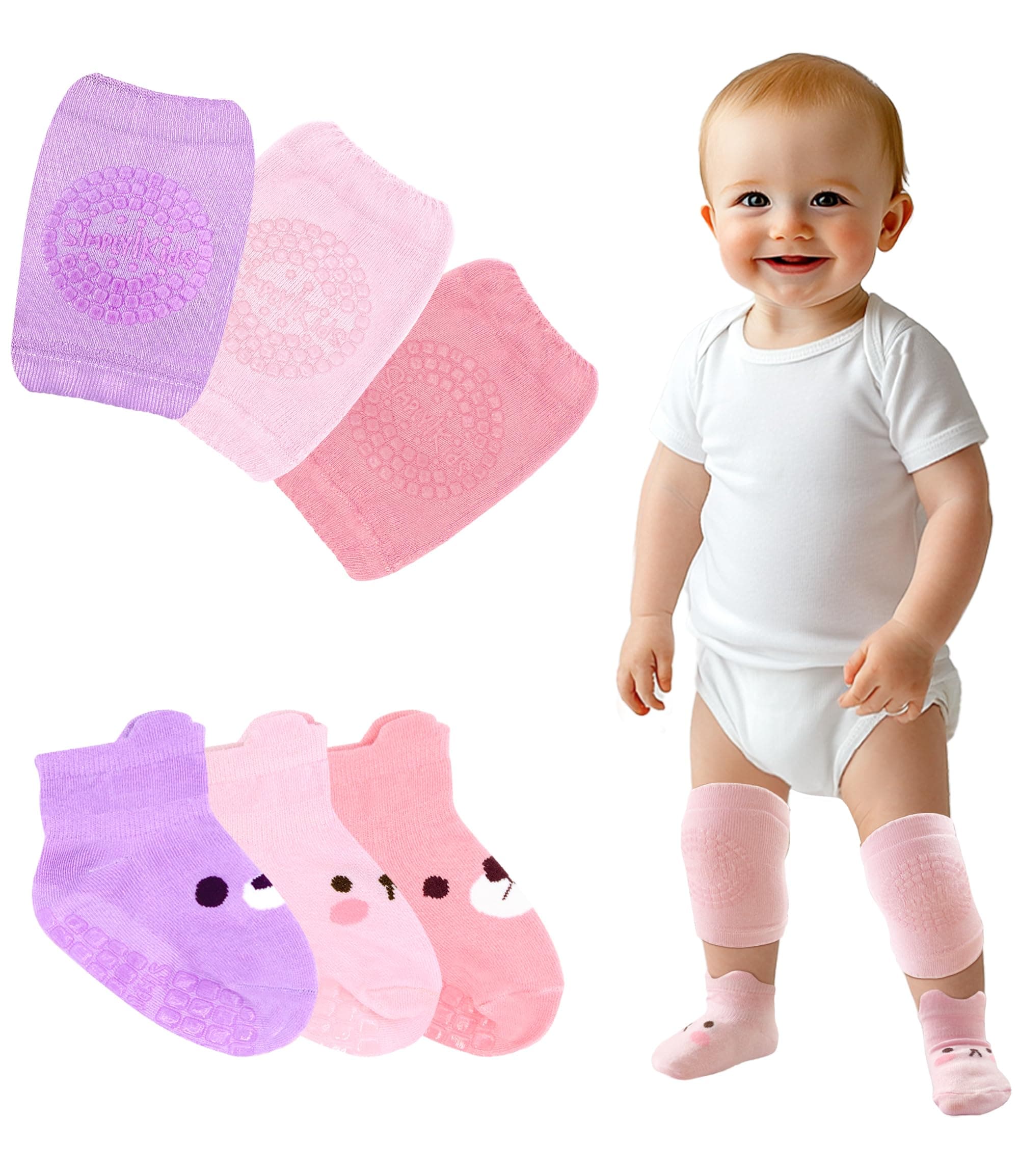 Anti-Slip Baby Knee Pads and Socks Set for Crawling and Walking (6 Pairs, 6-18 Months) I Toddler Socks with Grippers and Crawling Knee Pads for Infant Boys Girls (Girls)