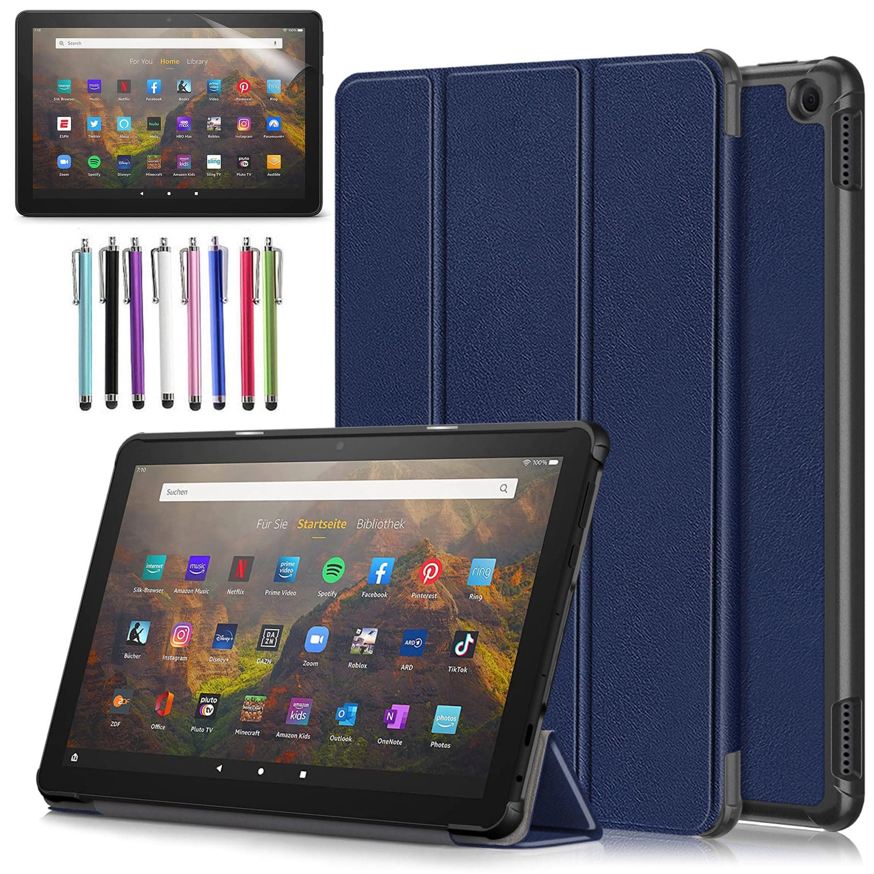 elitegadget Case for Amazon Fire HD 10 Tablet 10.1" Inch Display (13th Generation, 2023 Released) - Lightweight Tri-fold Stand Cover Case + 1 Screen Protector and 1 Stylus (Navy Blue)