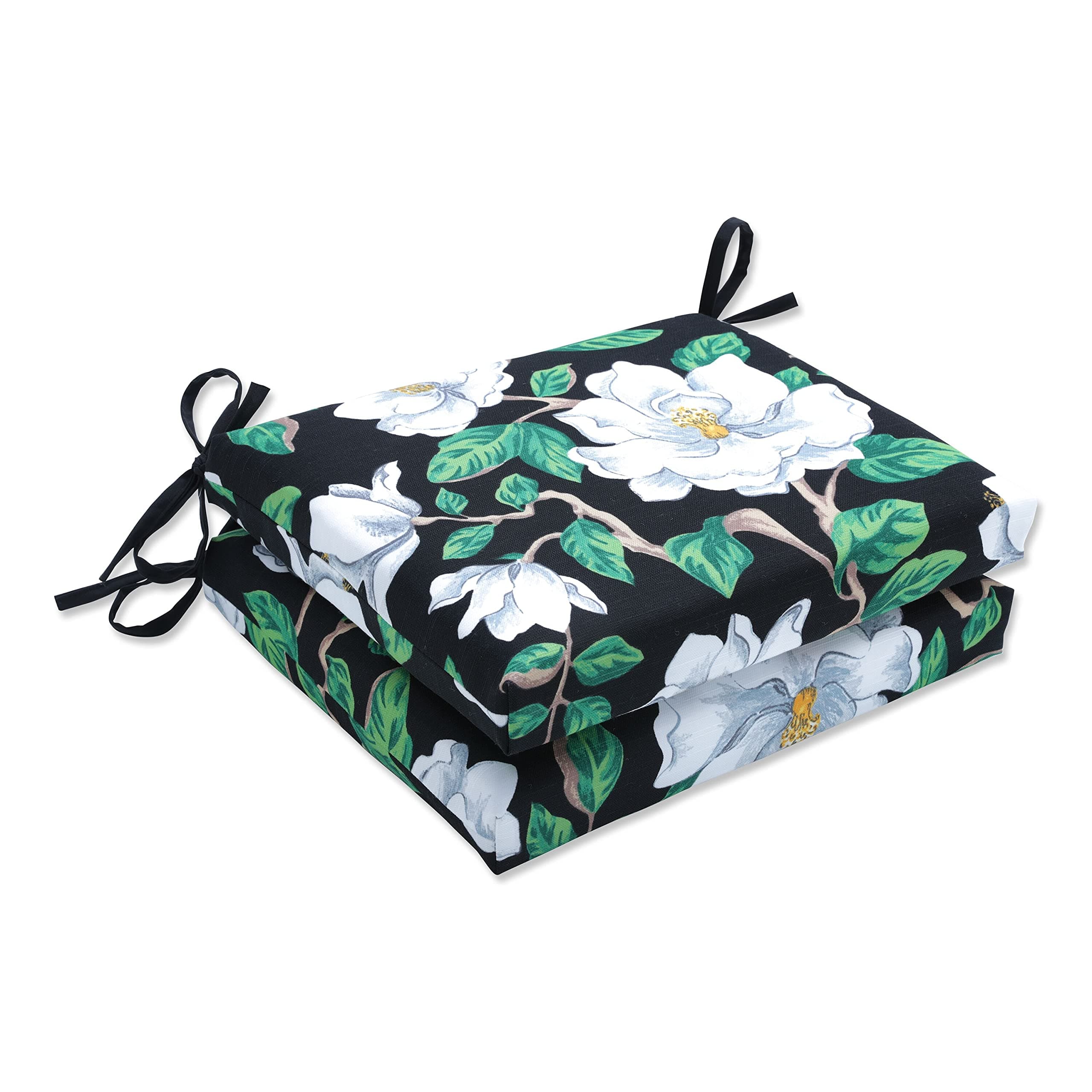 Pillow Perfect Outdoor/Indoor Magnolia Black Square Corner Seat Cushions, 18.5" x 16", 2 Count