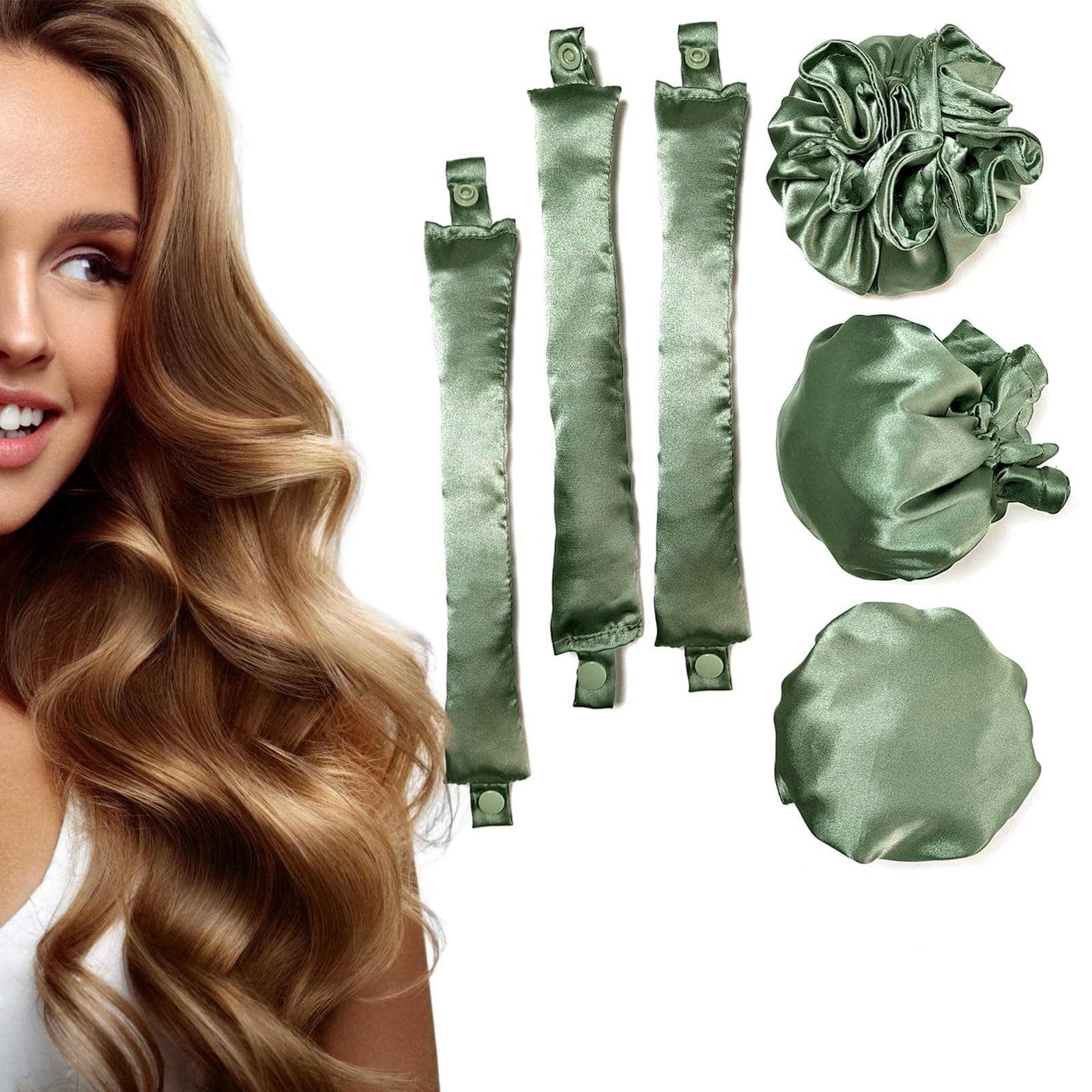 3Sets/6PCS Ariuvor New Satin Heatless Hair Curler,Hair Rollers for Heatless Curls with Hair Caps,Soft Heatless Curling Rod Headband for All Hair T,No Heat Curling to Sleep in Overnight (4-Olive green)