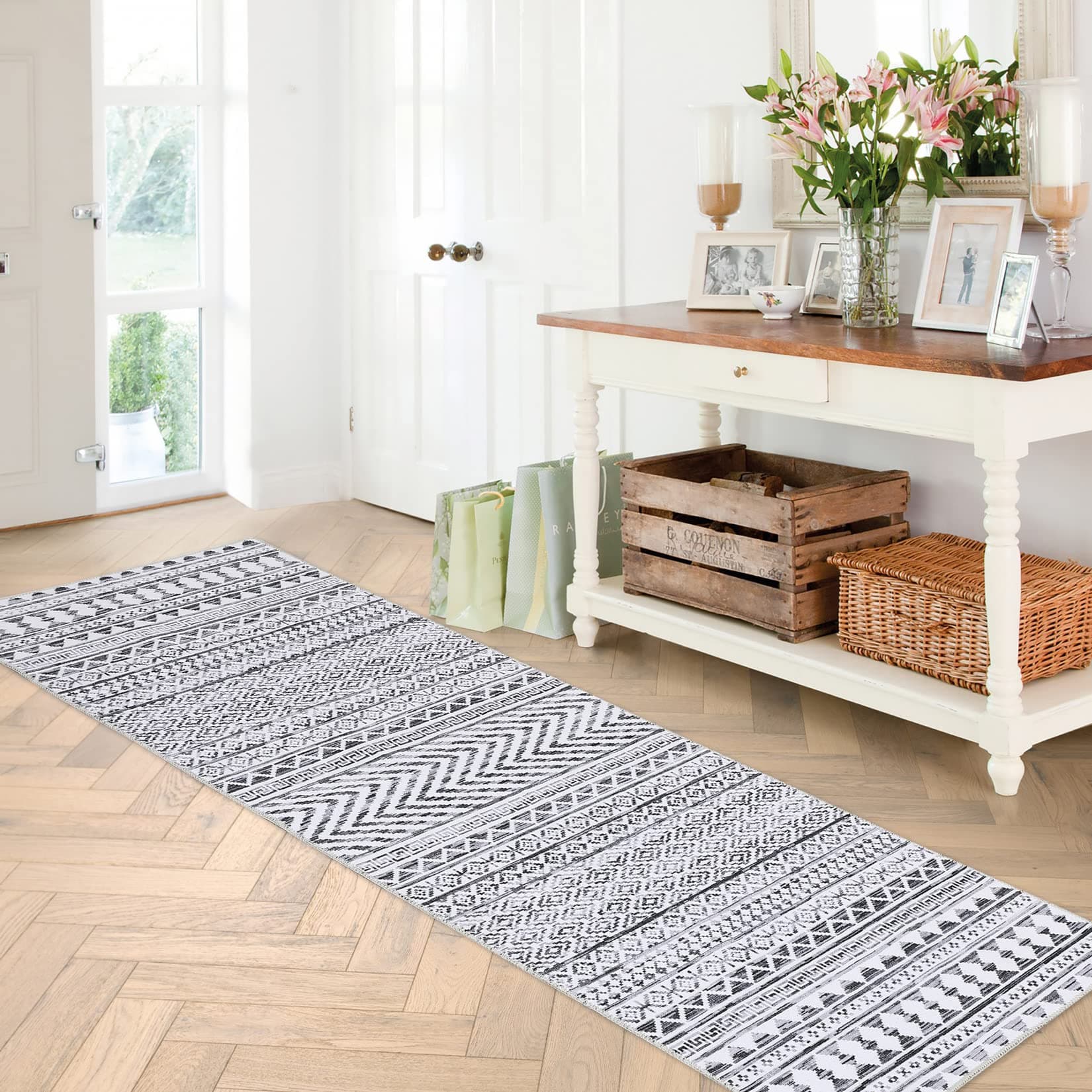IMINROME Geometric Boho Hallway Runner Rug Mat Bohemian Non-Slip Runner Low Pile Indoor Stain Resistant Rug Runner for Entryway Laundry, 2' x 10'