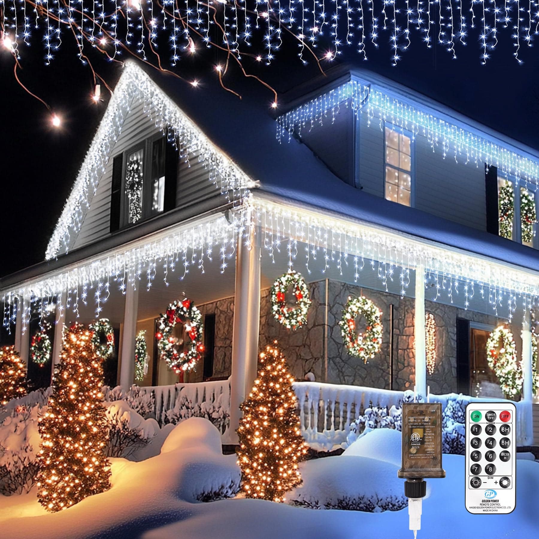 TOPPORTED Icicle LED Christmas Lights Outdoor, 624 LED 59FT 8 Modes with 96 Drops Cool White Icicle Lights,Outdoor Indoor Fairy String Lights for Christmas Party,Holiday,Wedding Decorations