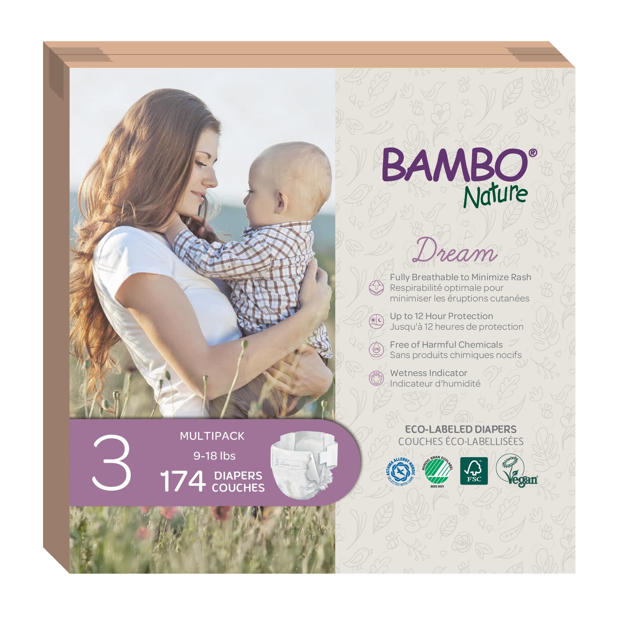 Bambo Nature Hypoallergenic Baby Diapers, Eco-Labeled Diapers, Enhanced Leakage Protection, Totally Chlorine-free, Skin Friendly, and Super Absorbent - Size 3 (174 Count)