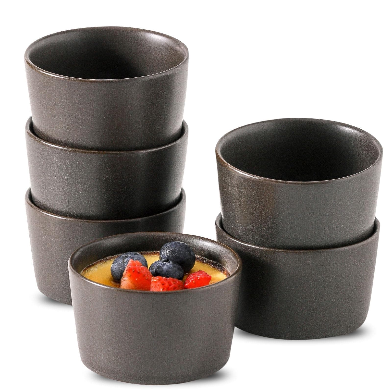 Tikooere Ramekins 4 oz,Oven Safe Small Ramekins for Creme Brulee,Souffle,Black Ramkeins for Baking,Ceramic Mini Ramkeins Set of 6,Custard cups for Kitchen,Matte Black
