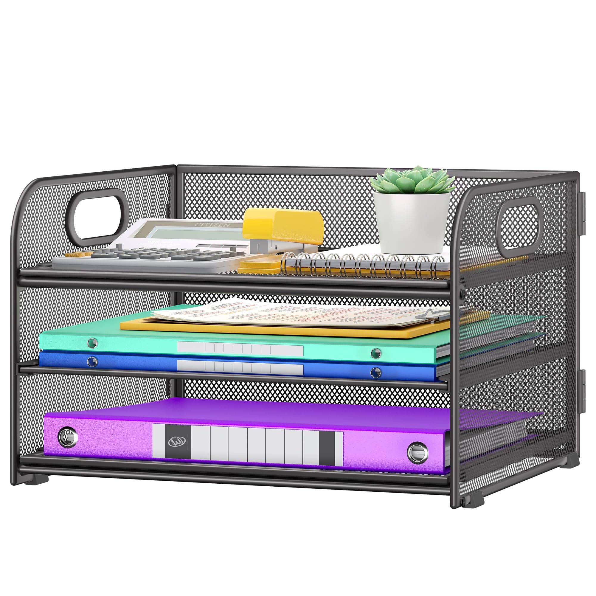Cawukege 3 Tier Paper Organizer with Handle, Metal Desk Organizer Mesh Paper Letter Tray Desktop File Folder Document Sorter for Classroom, School, Office Accessories Storage (Grey, 1 Pack)