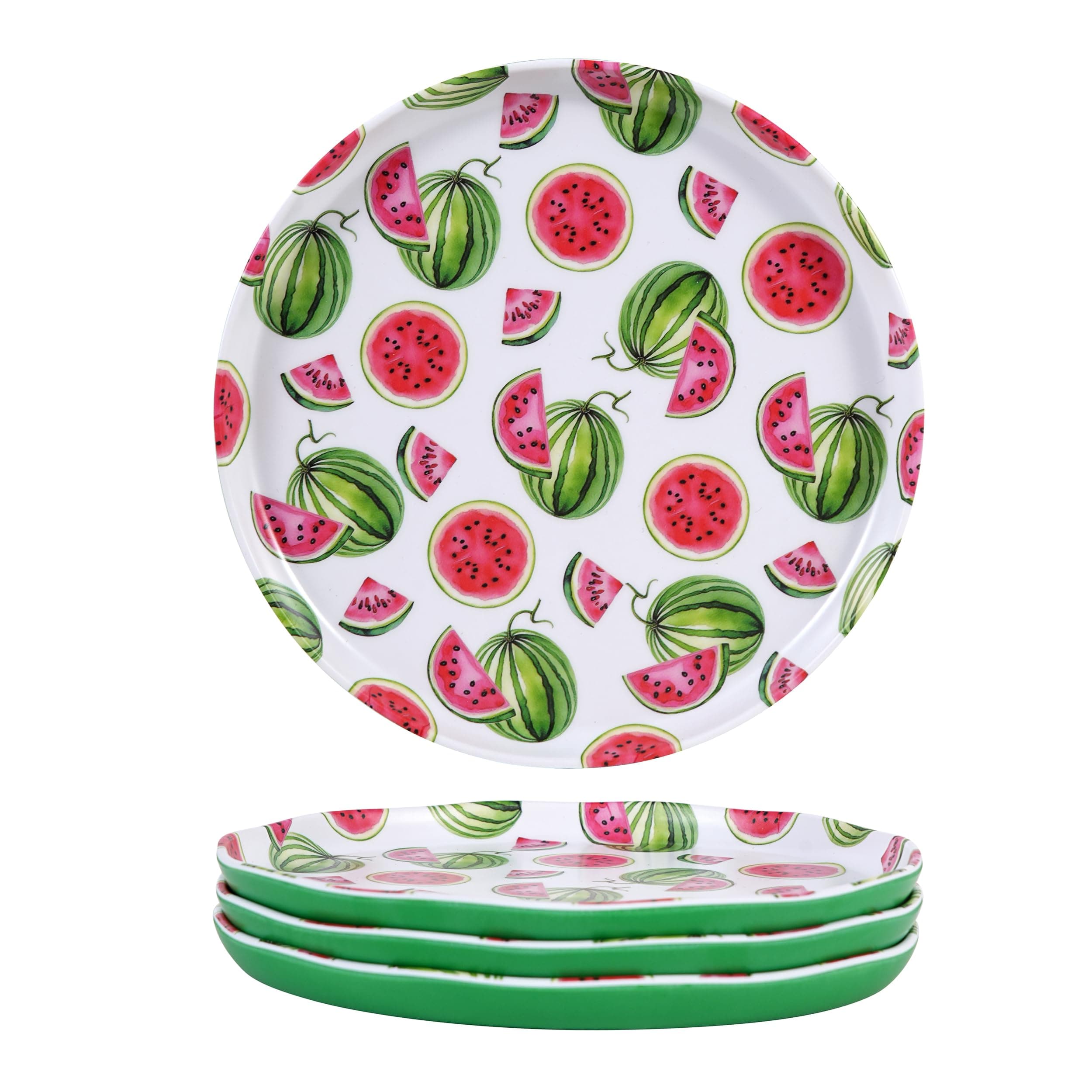 Yinshine 4 Pcs Watermelon Melamine Plates, 8 Inch Green Round Cute Fruit Salad Dinner Plates, Dishwasher Safe Decorative Plates Set for Outdoor Picnic Summer Party