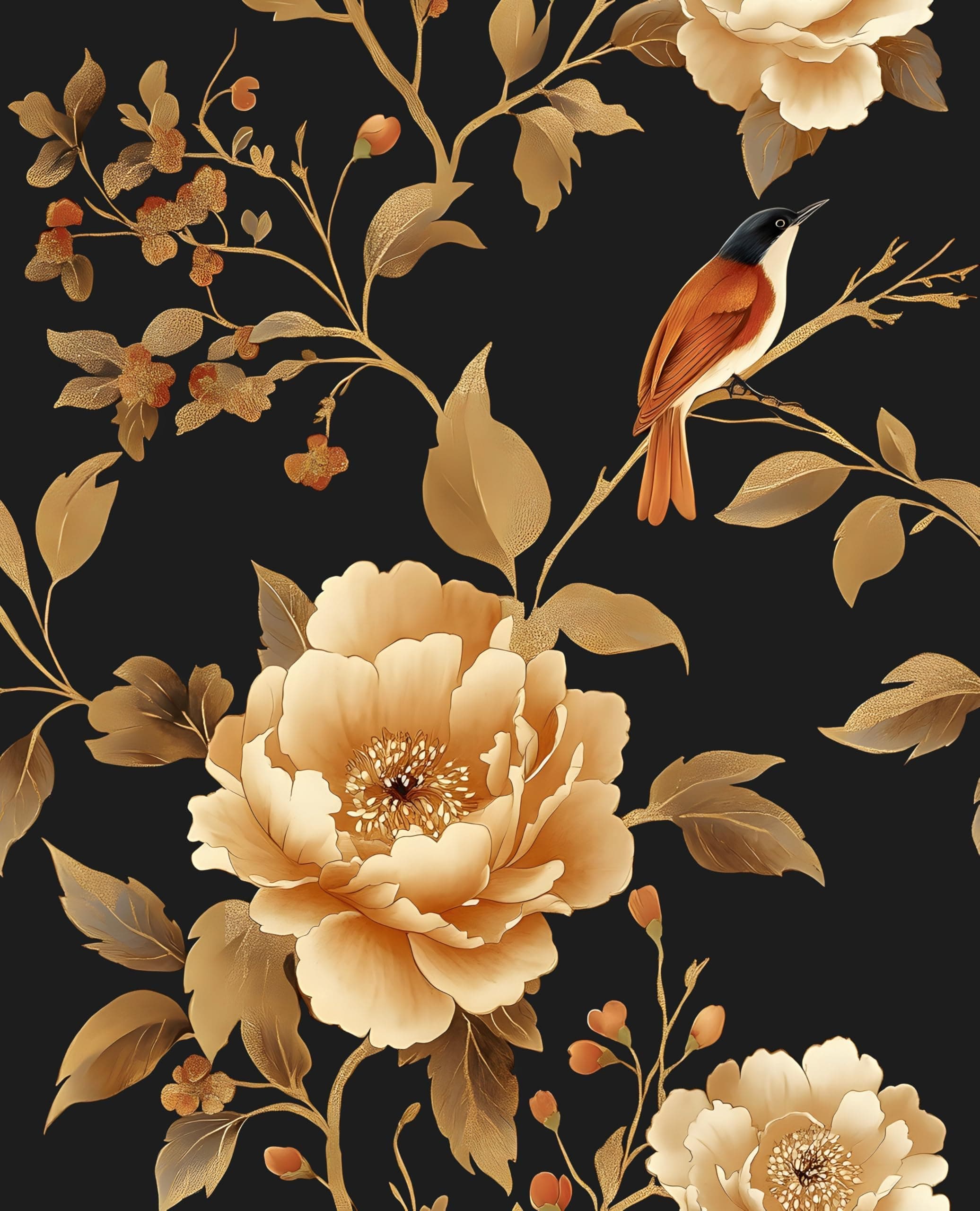 Laatse Dark Floral Bird Wallpaper Peel and Stick 17.5"x 393",Black/Golden