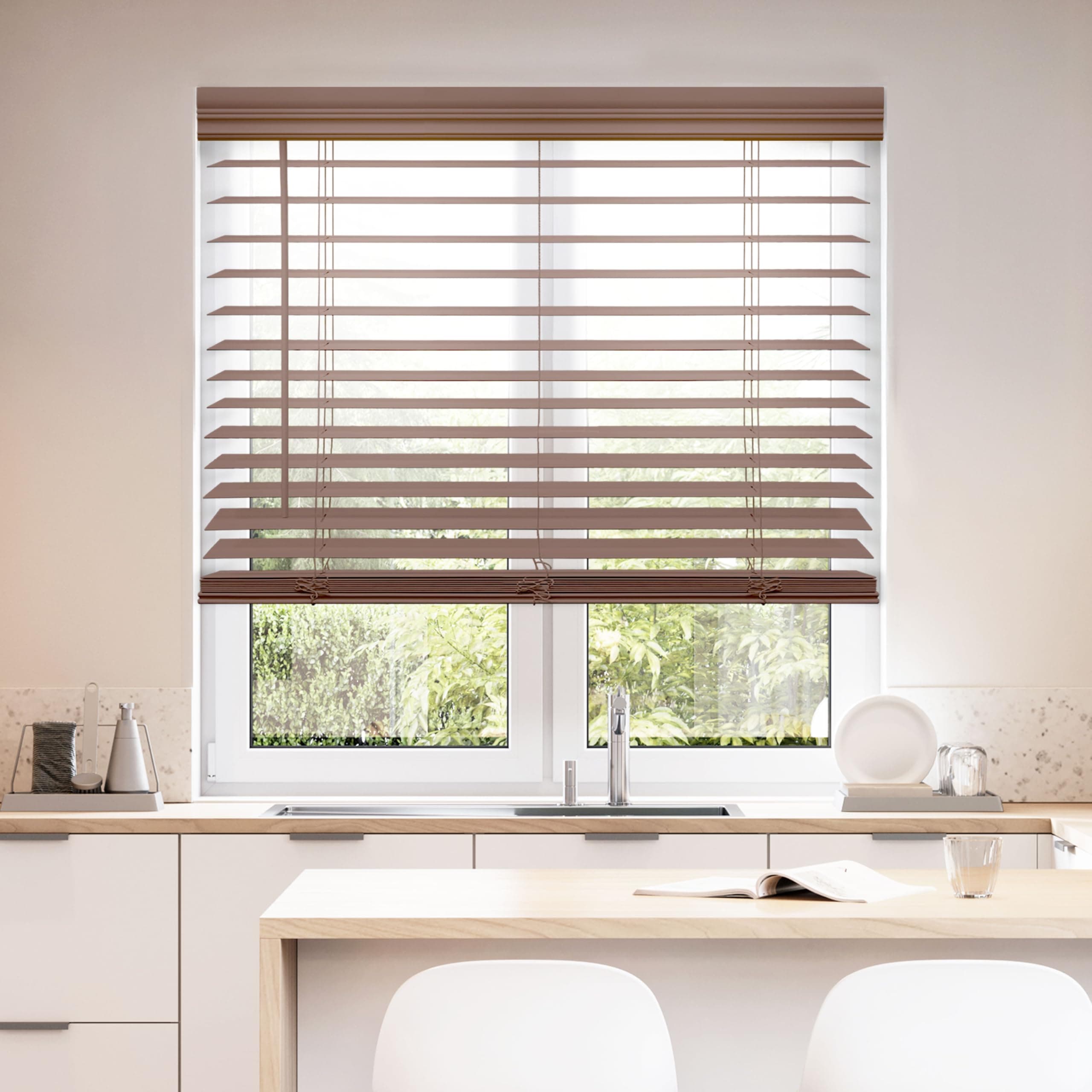 DEZ FURNISHINGS Cordless 2" Faux Wood Blind, 59.5" W x 48" H, Dark Oak
