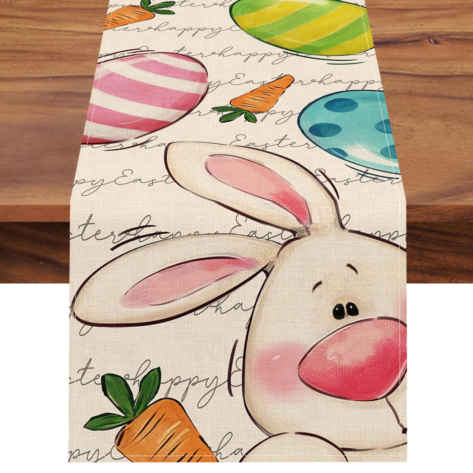 Seliem Happy Easter Bunny Table Runner, Cute Rabbit Eggs Carrot White Kitchen Dining Table Decor, Spring Farmhouse Burlap Home Decoration Indoor Outdoor Party Supply 13 x 90 Inches