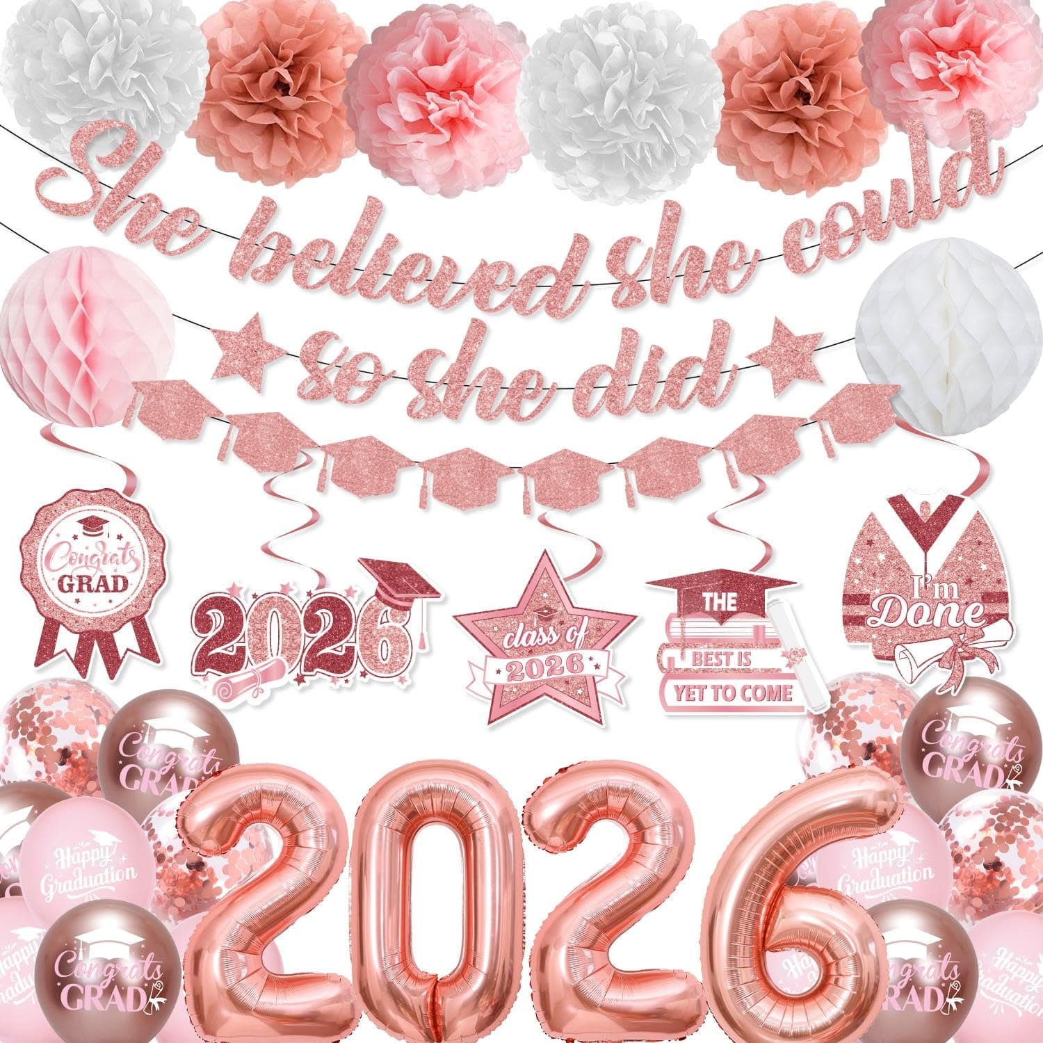 LANGASQUE She Believed She Could So She Did Graduation Party Decorations, 2025 Graduation Set Including Banner Hanging Swirls Balloons Paper Flower Honeycomb, Graduation Party Supplies