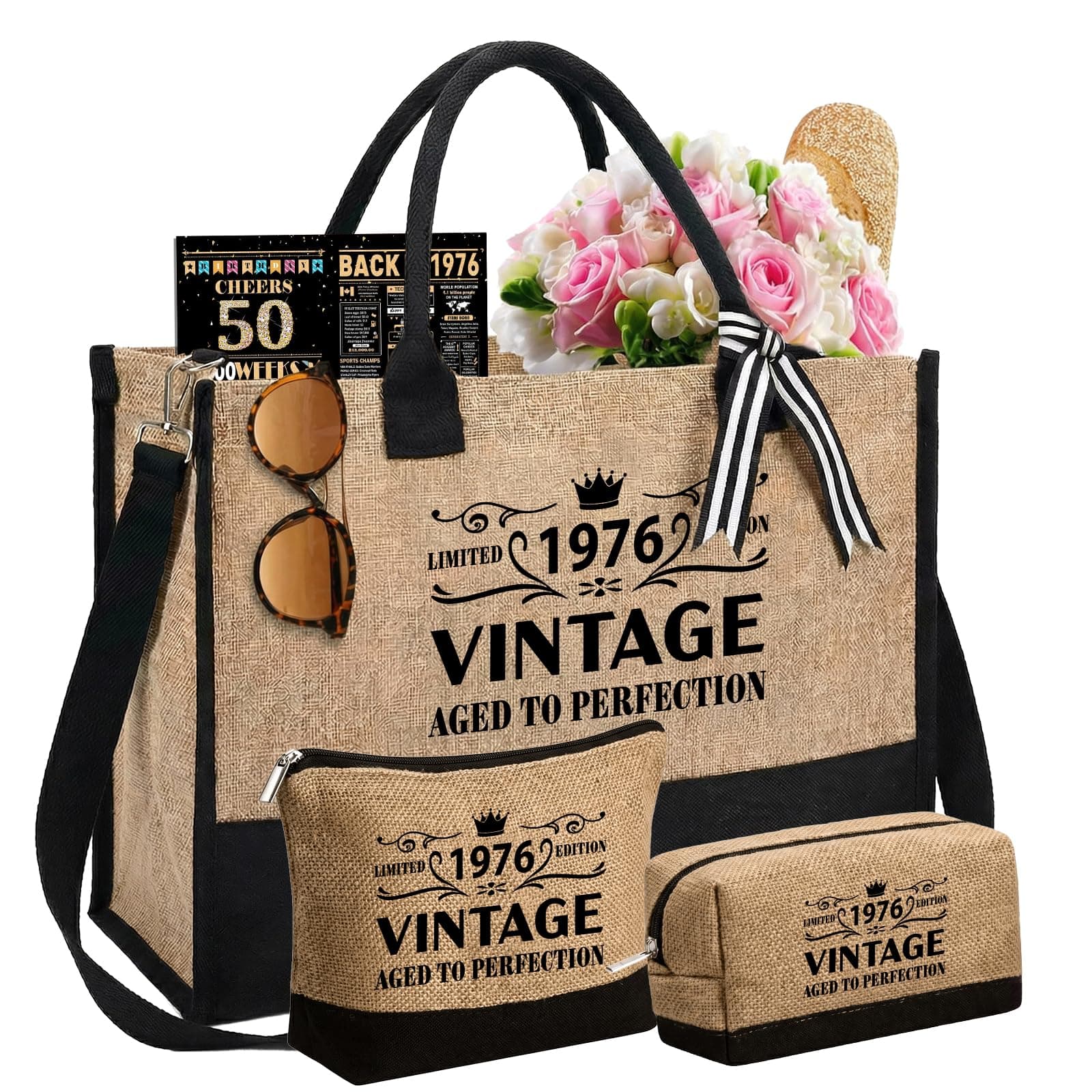 HTPARY 50th Birthday Gifts for Women 1976 Vintage Jute Tote Bag Set Cosmetic Bag Coin Purse Unique Back in 1976 Poster Gift for Wife Sister Mom Aunt Friends (1976)