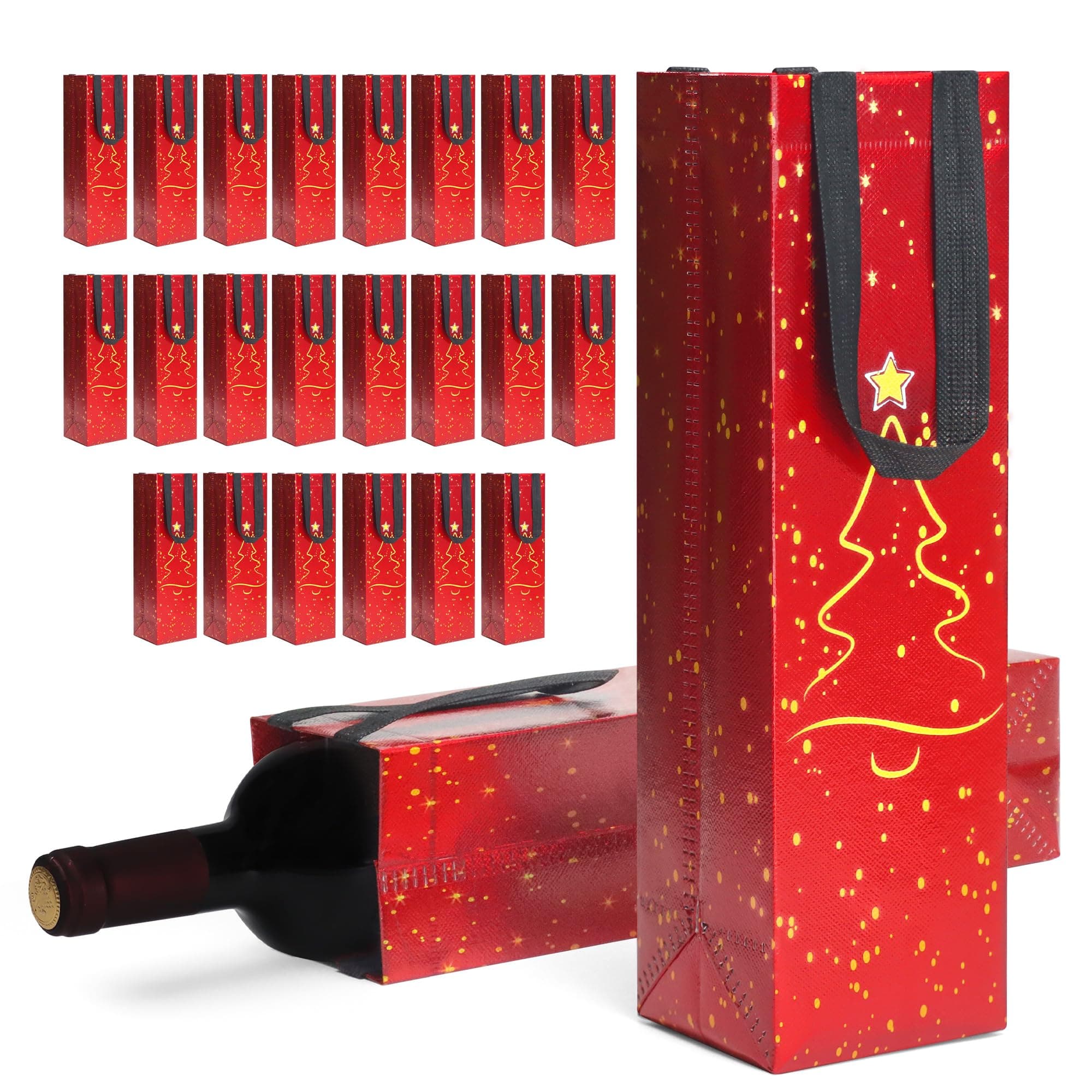 cabzymx 24 Pcs Red Reusable Wine Bottle Gift Bags, 13.6x3.5x3.9 Inches Christmas Tree Pattern Design Holiday Wine Bags Bulk for Christmas Thanksgiving Halloween Birthday Party