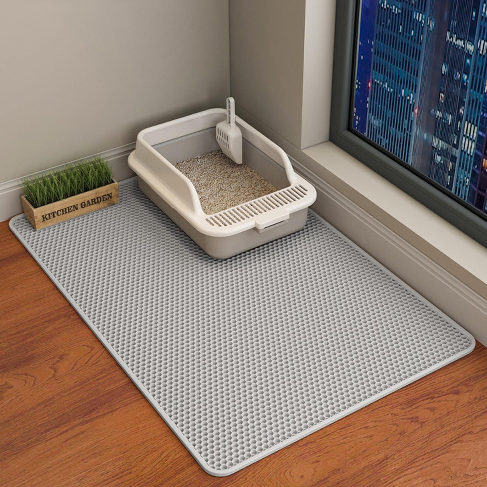 HCY&WLD Cat Litter Mat, Double Layer Cat Litter Box Mat (35x24 Inch, Gray)