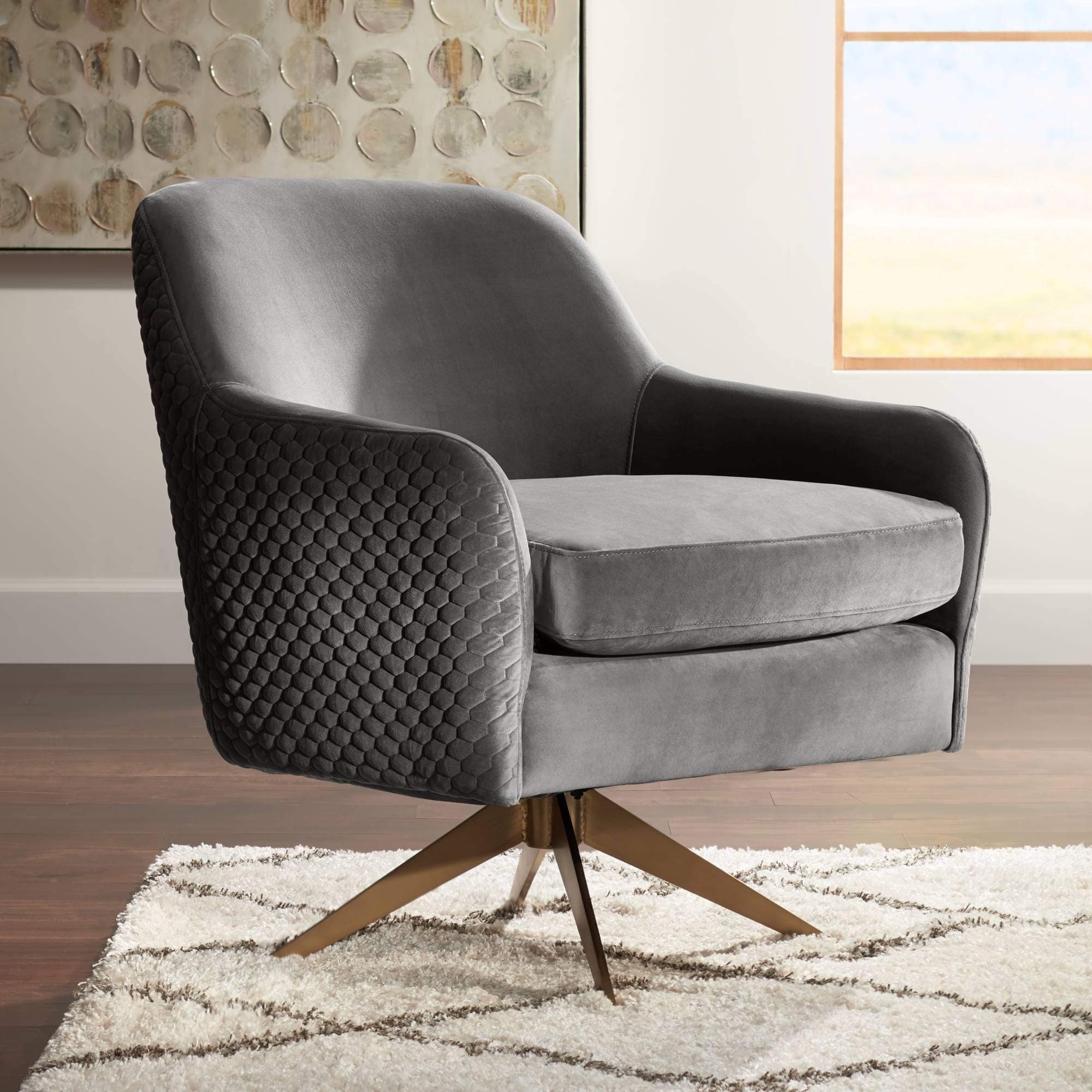 Ames Quilted Gray Velvet Swivel Chair - Studio 55D