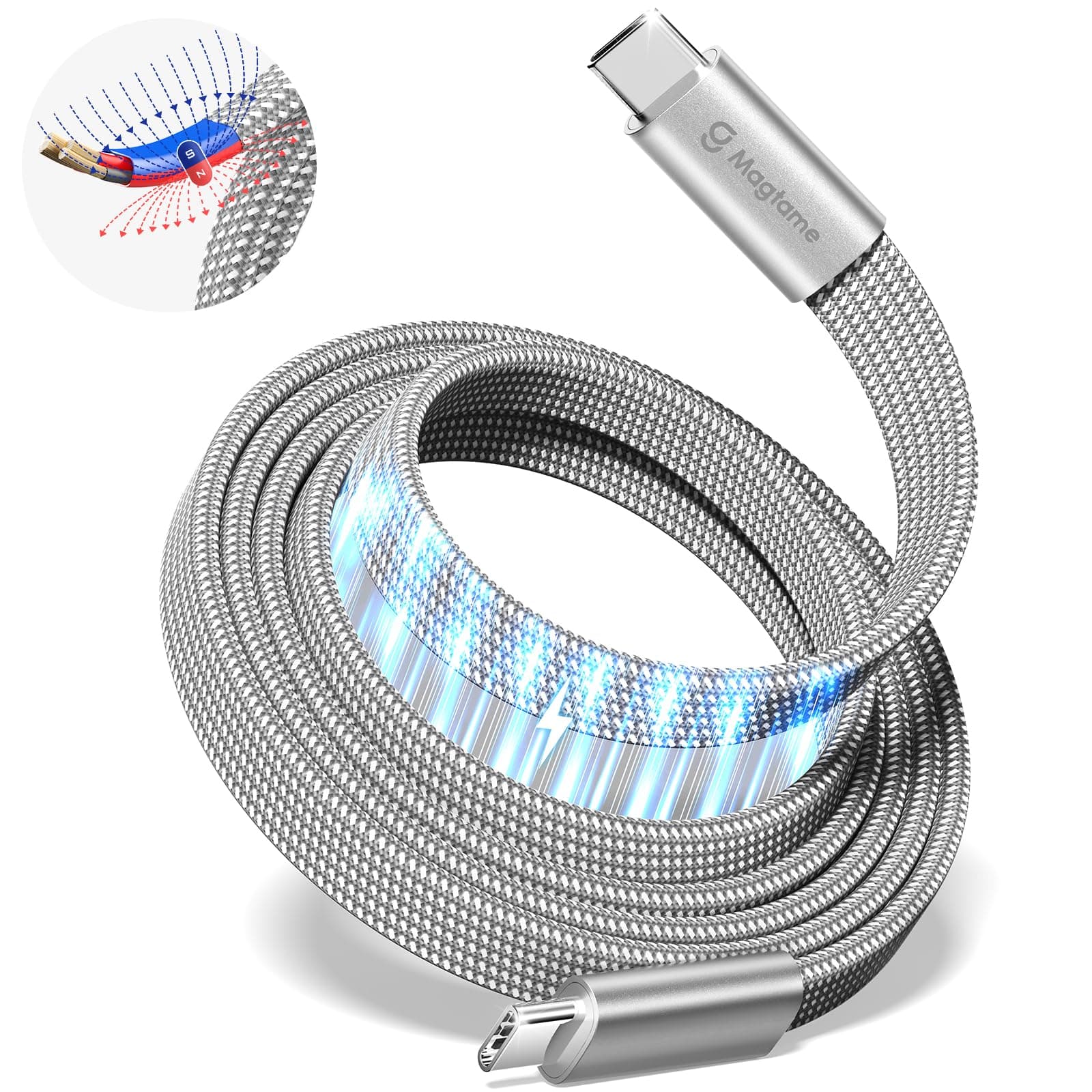 Magnetic 240W USB C to USB C Cable Coiled, Flat Cord for iPhone 17 16