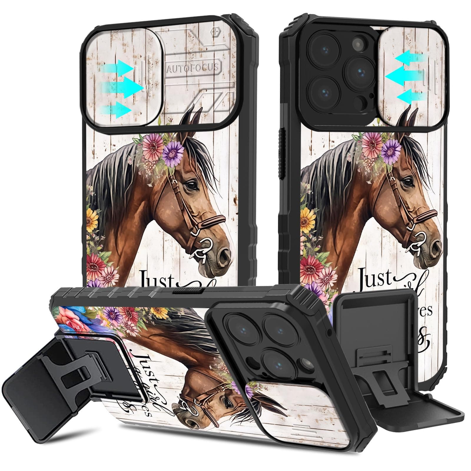 BVCLKJPOI Horse Case for iPhone 16 Pro, Hybrid Hard PC Back with Soft TPU Shockproof Bumper, Camera Cover & Kickstand, Floral Design Slim Protective Case for iPhone 16 Pro 6.3 Inch