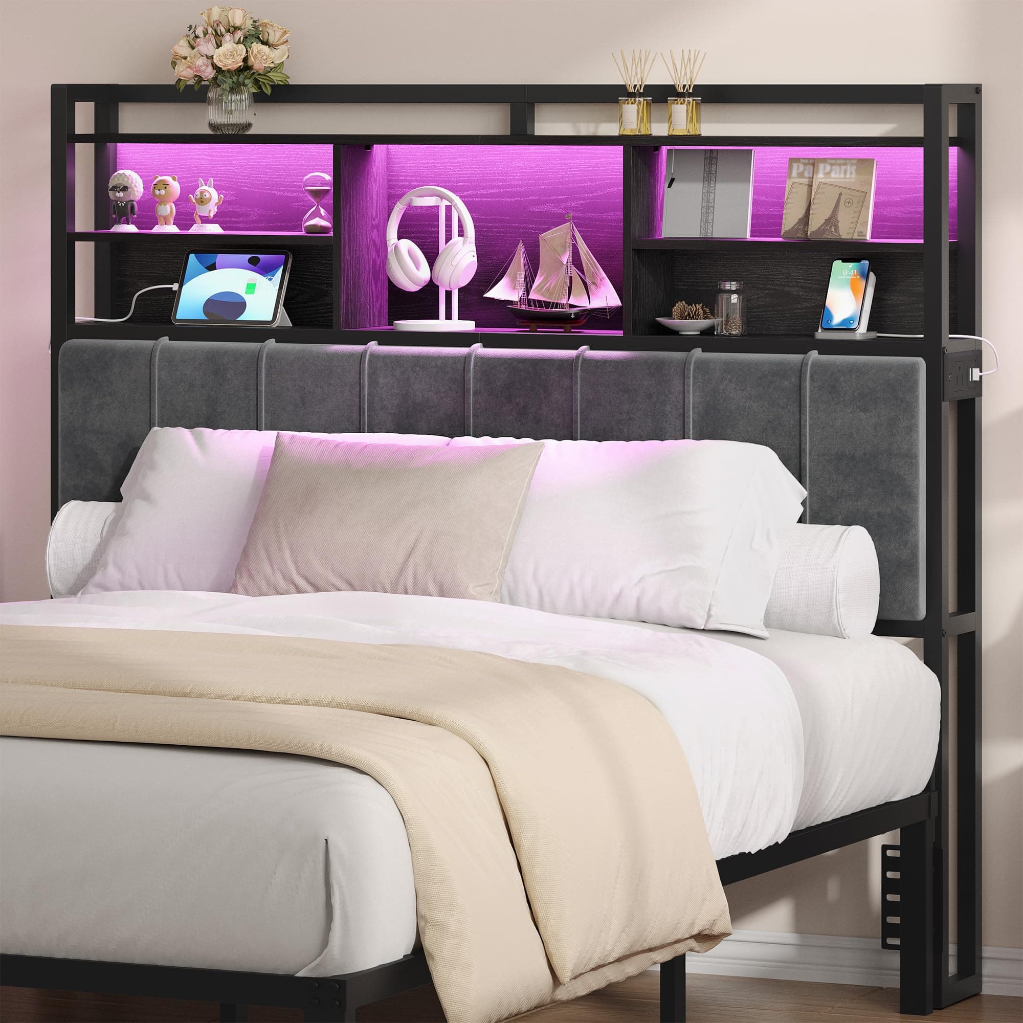 Hzuaneri Headboard with 3-Tier Storage Shelves