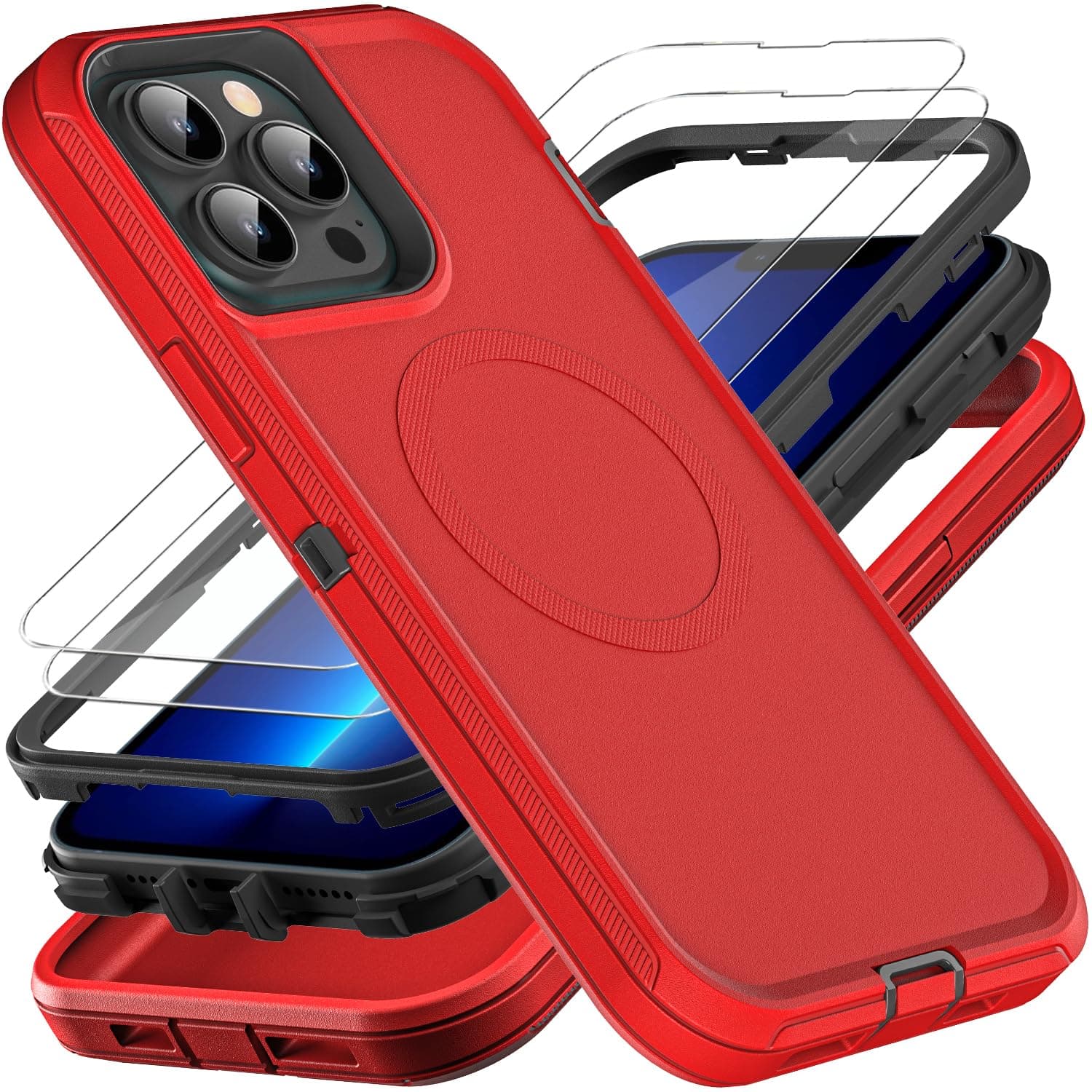 YKHJKLEC for iPhone 13 Pro Max Case, Compatible with Magsafe, Military Grade 3 in 1 Heavy Duty Shockproof/Drop Proof/Dust Proof Case with 2Pcs Tempered Glass Screen Protector (New-Red/Black)