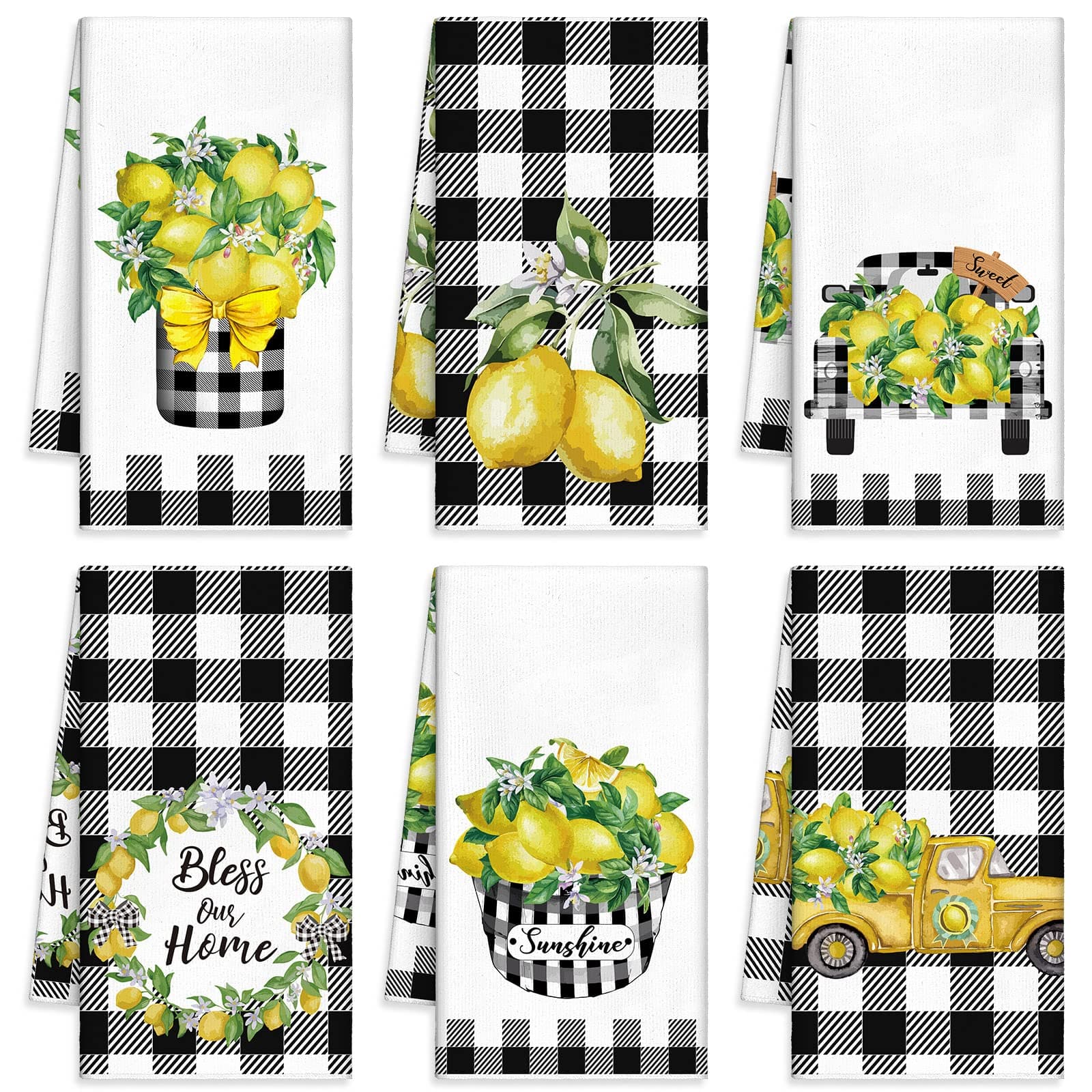 Redbaker 6 Pcs Lemon Kitchen Towels Lemonade Dish Towels with Sayings Decorative Hand Tea Dishcloths for Kitchen Decor with Hanging Loop for Housewarming Gift(Black White,Plaid Lemon)