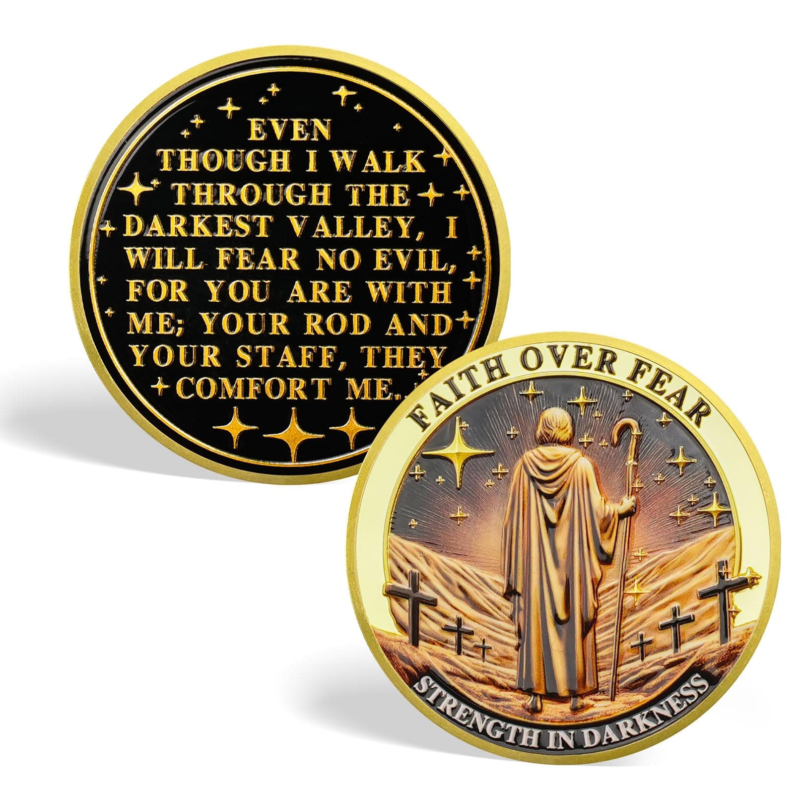 Tokenara Christian Challenge Coin Faith Over Fear Coins with Psalm 23:4 Bible Verse, Religious Gifts for Comfort and Hope in Dark Times