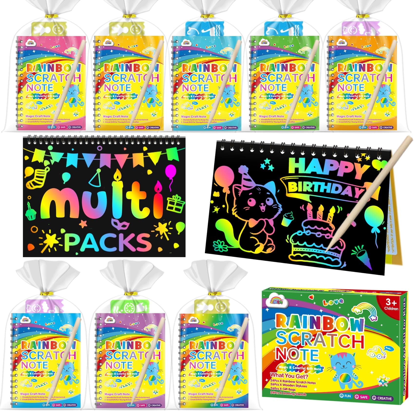 ZMLM 24 Pack Rainbow Scratch Art Notebooks for Kids Birthday Party Favors