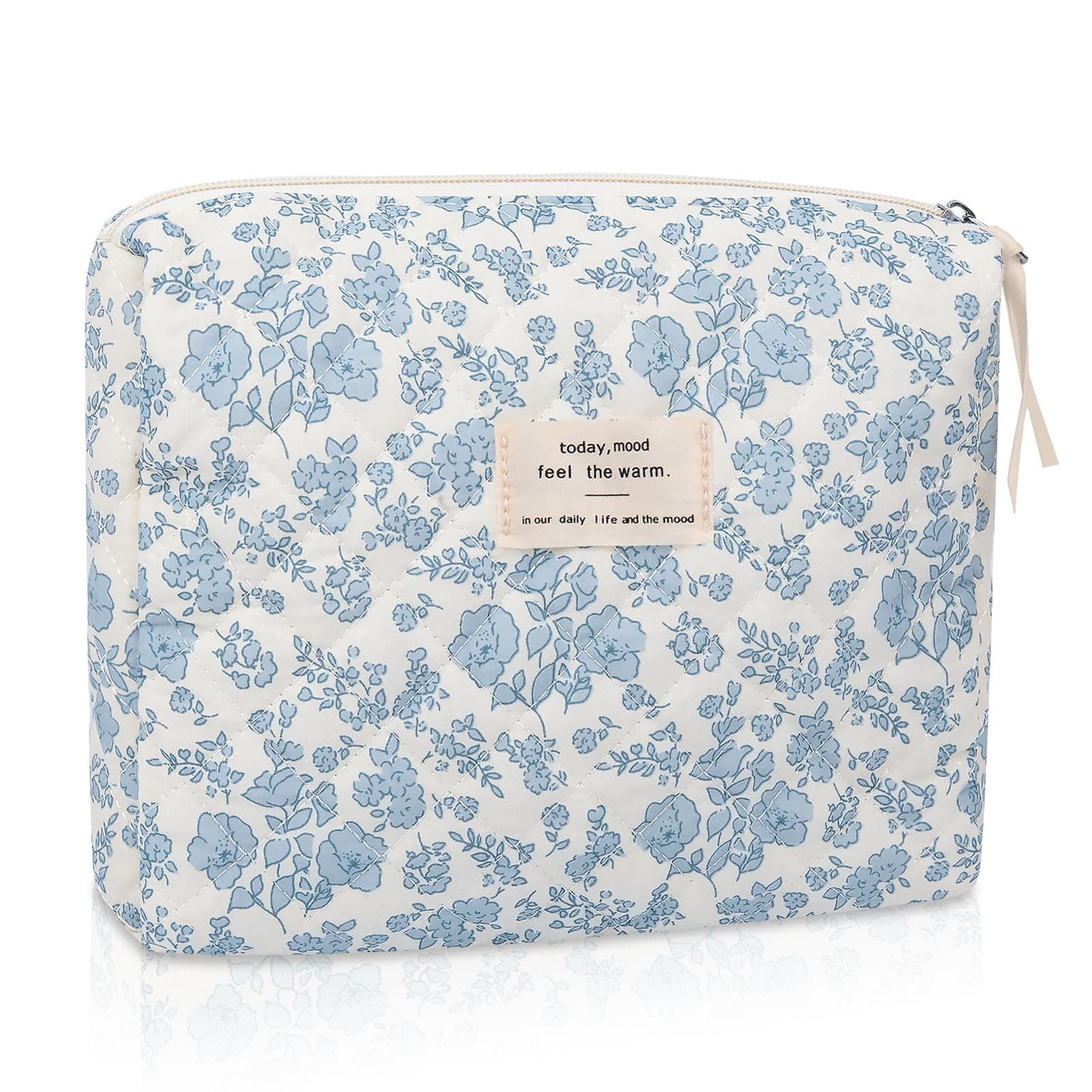 Large Makeup Bag, Cute Cosmetic Bag for Women Girls, Floral Coquette Aesthetic Toiletry Bag, Travel Make Up Organizer Bag(Blue Floral), Blue Floral, Cute