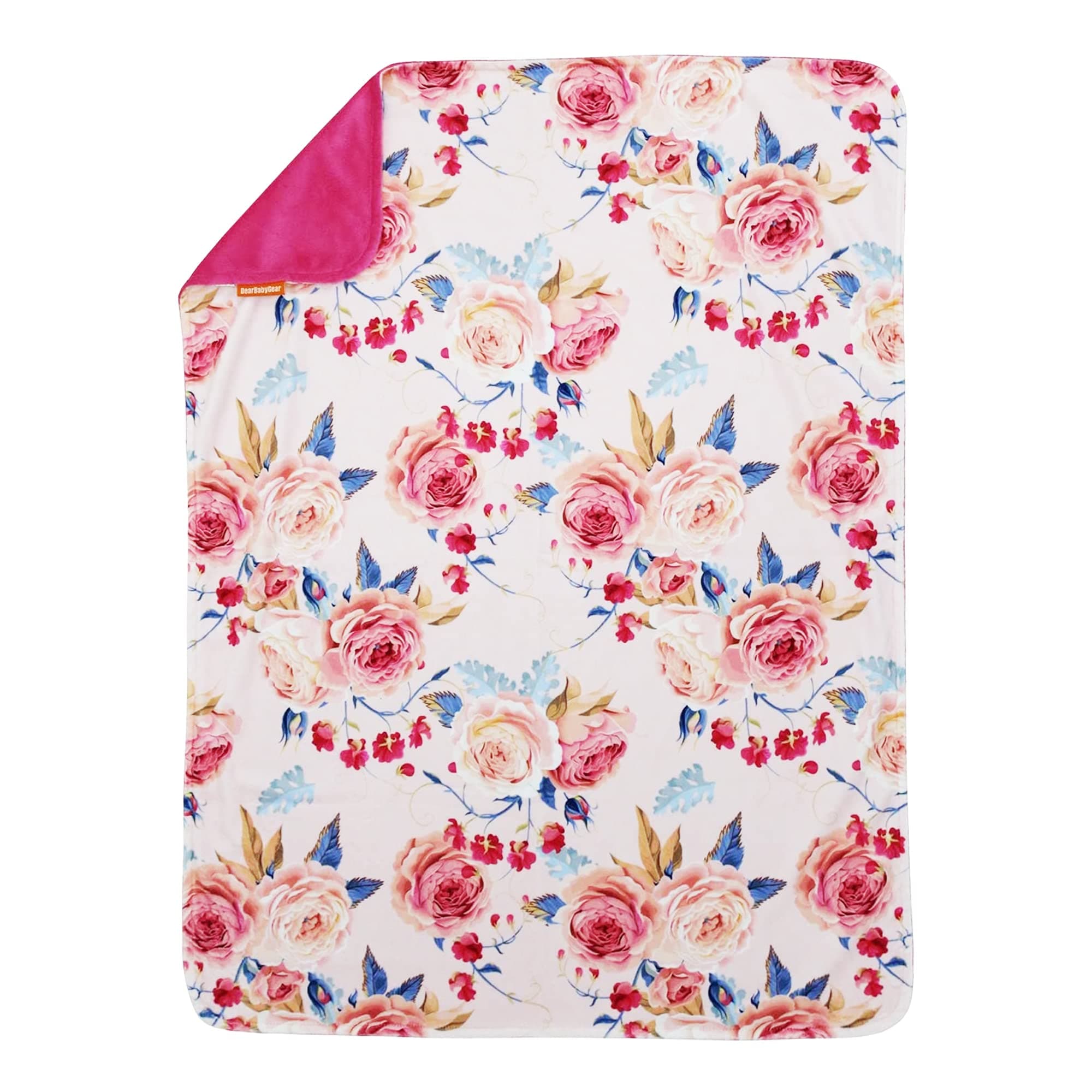 Dear Baby Gear Floral Deluxe Baby Blanket - Reversible, Milestone & Newborn Gifts for Girls and Boys - Vintage Roses with Blue Accents, Hot Pink, 38 x 29 Inches