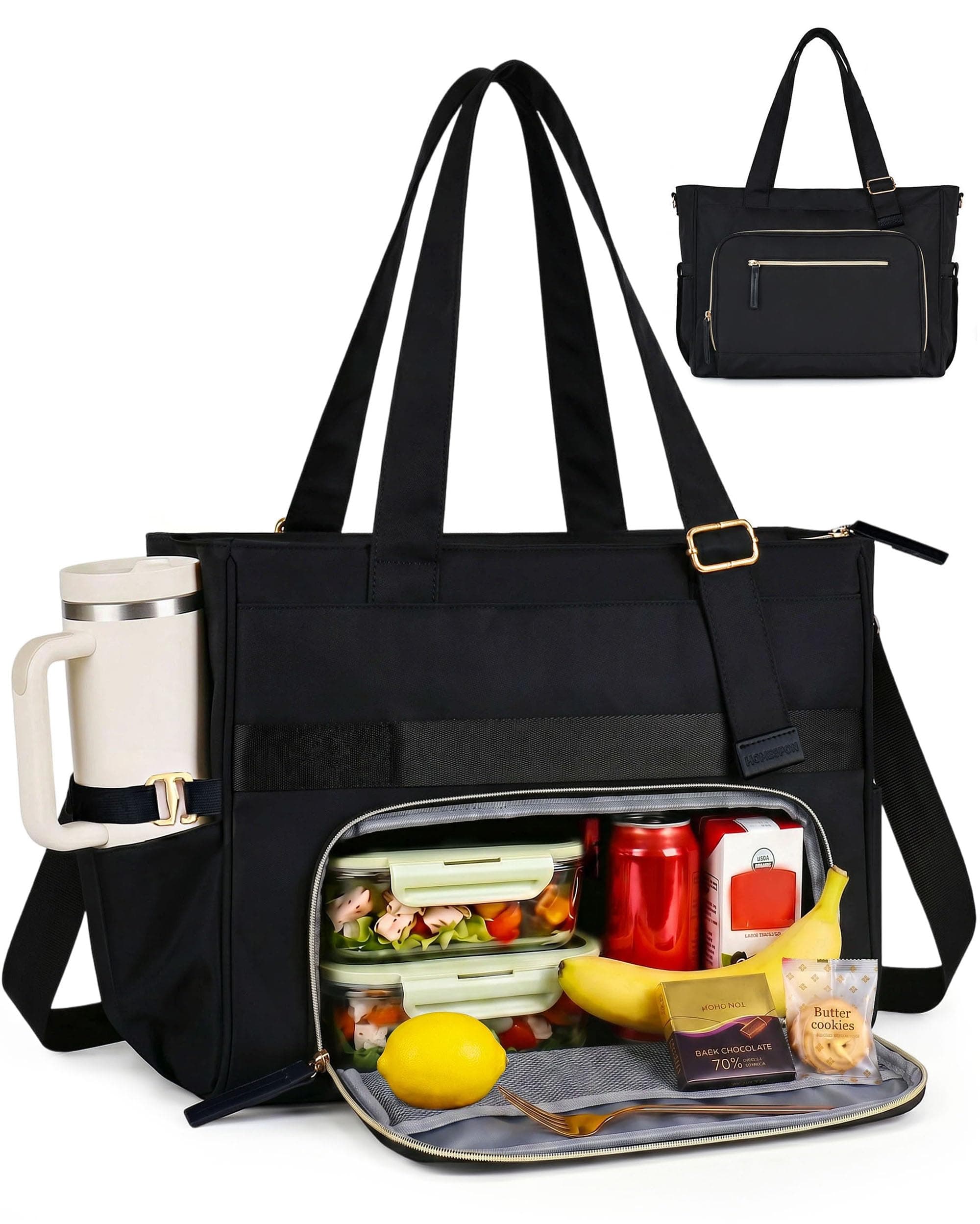 HOMESPON 24.5L Large Work Tote Lunch Bag for Women, Fits 15.6" Laptop Black