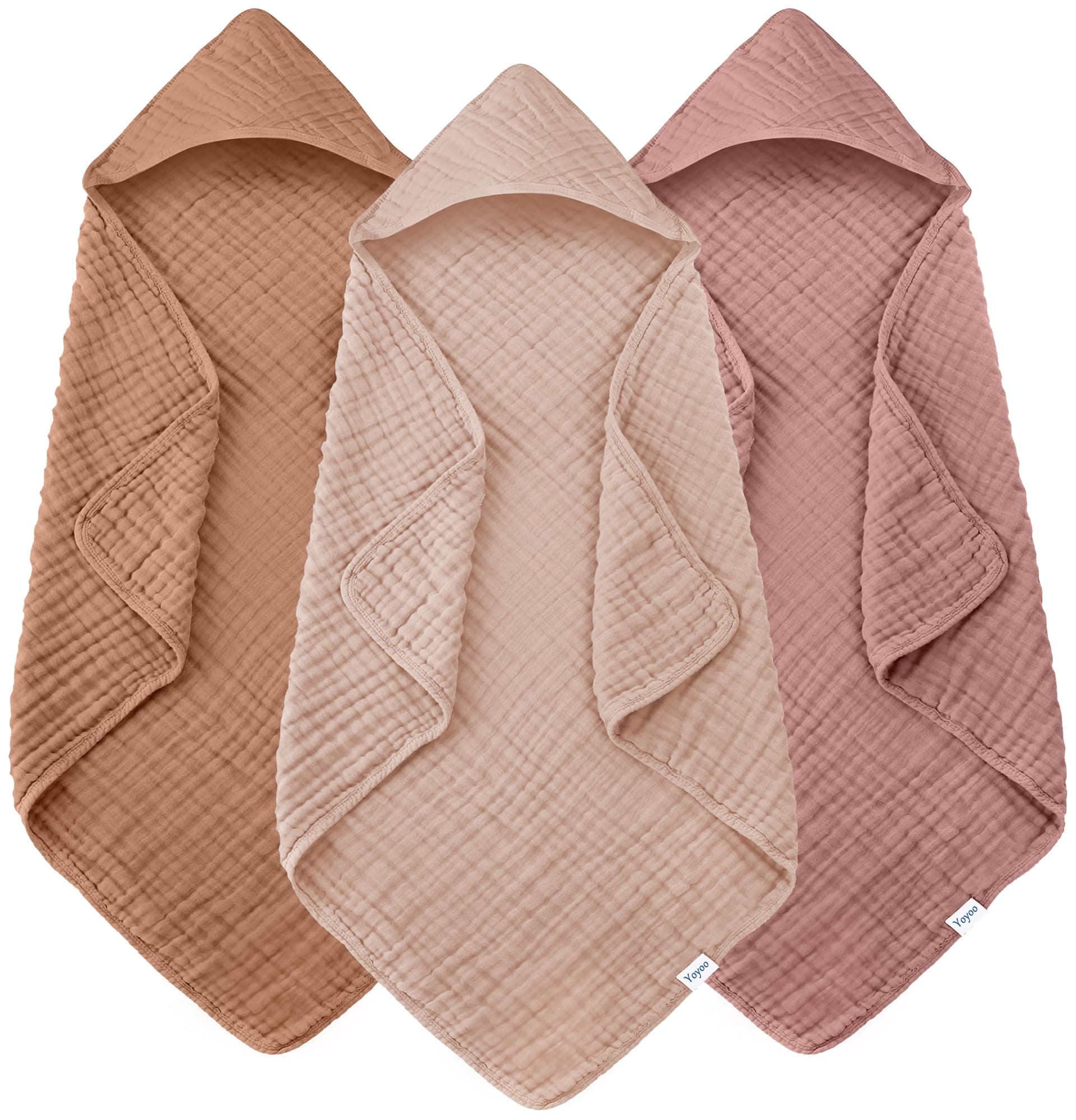 Muslin Hooded Baby Bath Towels - 3 Pack 100% Cotton Ultra-Soft Towels for Newborns, Infants, Toddlers - 32x32 Inch - Highly Absorbent, Quick-Dry Essentials for Bath, Beach, Pool, Bean Paste Series