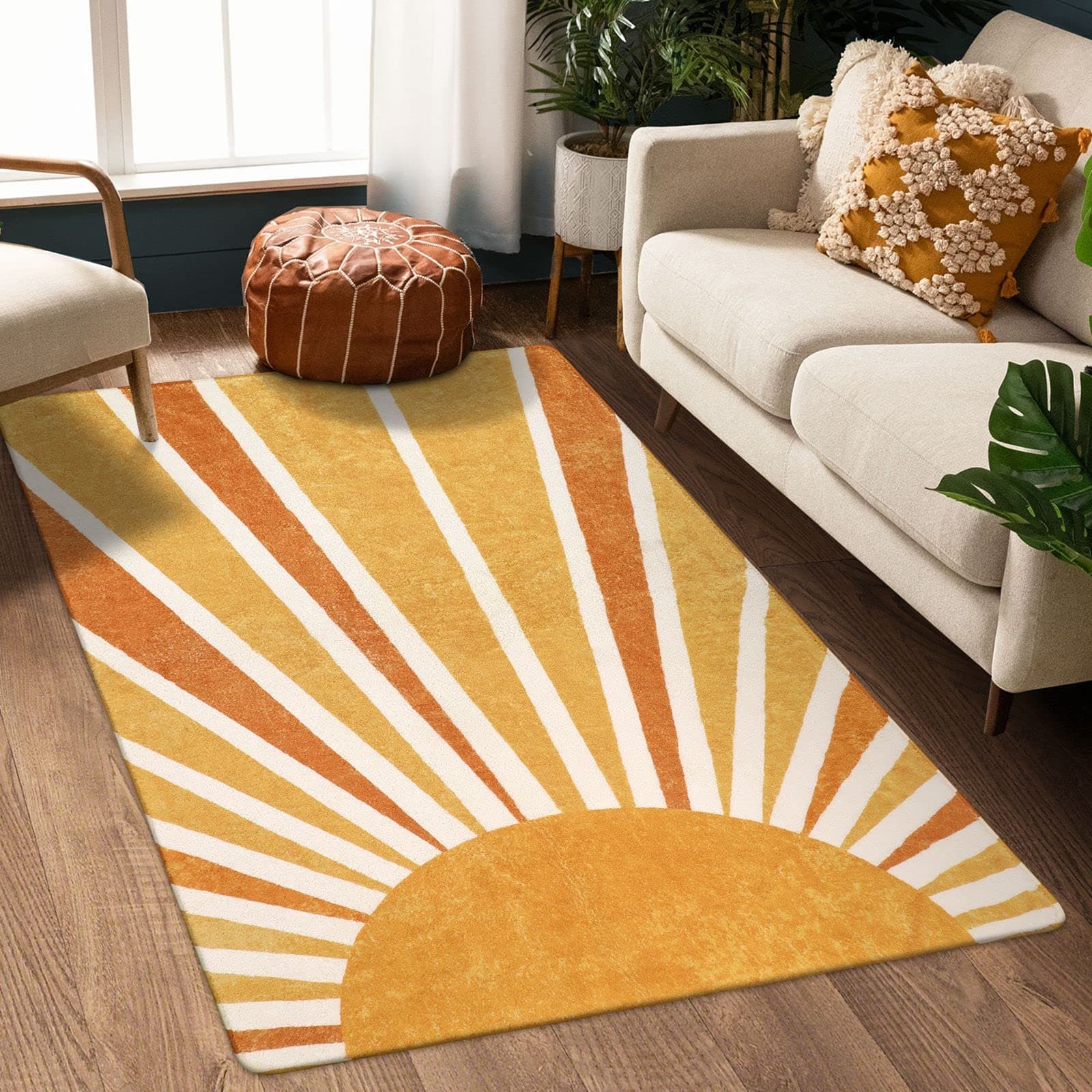 Lahome Boho Area Rug: 4'x6' Machine Washable & Non-Slip with Rainbow Sun Print for Living Room, Bedroom, Nursery, Entryway, Dining Room & Office Decor