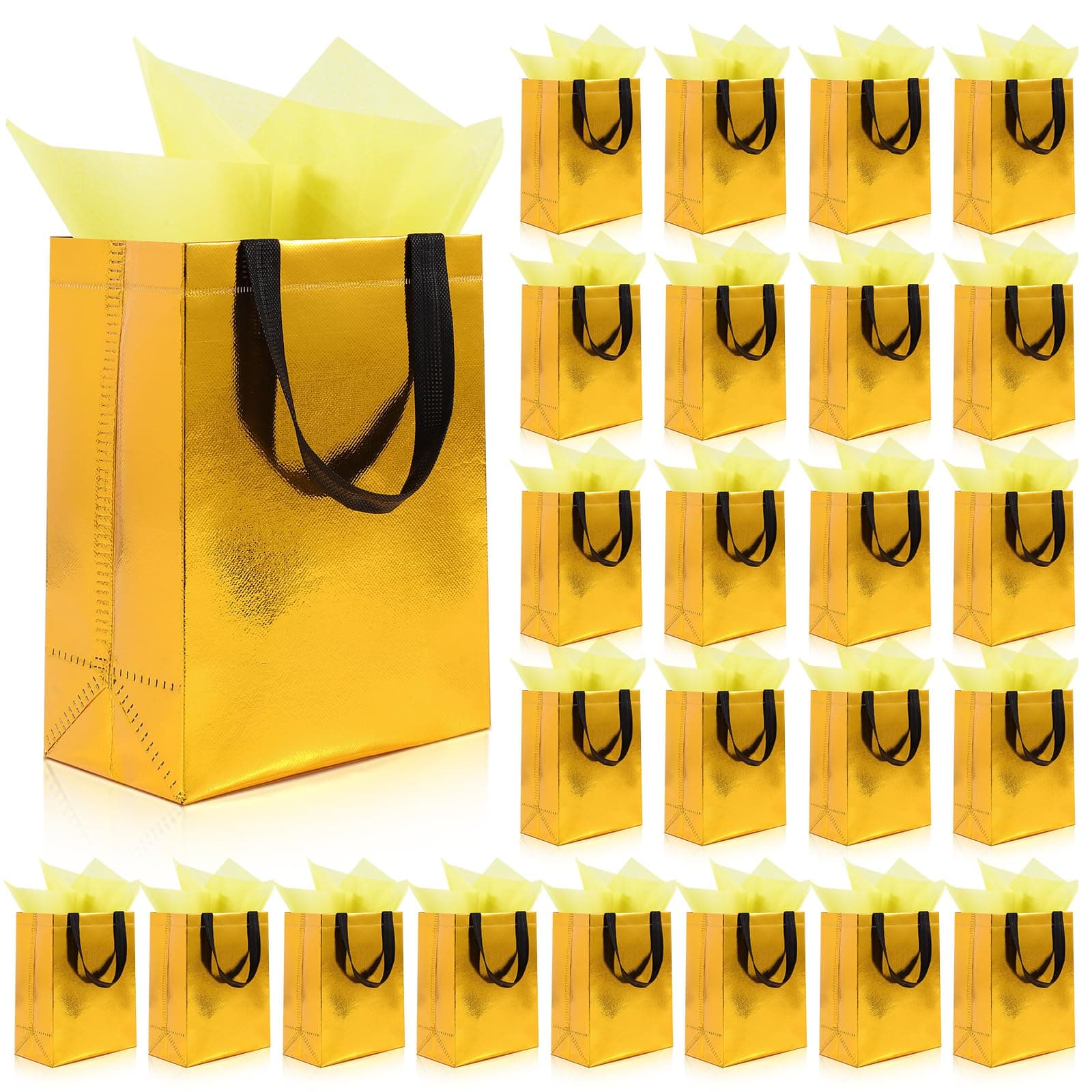 Addblu 24 Pack Gold Reusable Gift Bags with Handles & 48 Tissue Papers