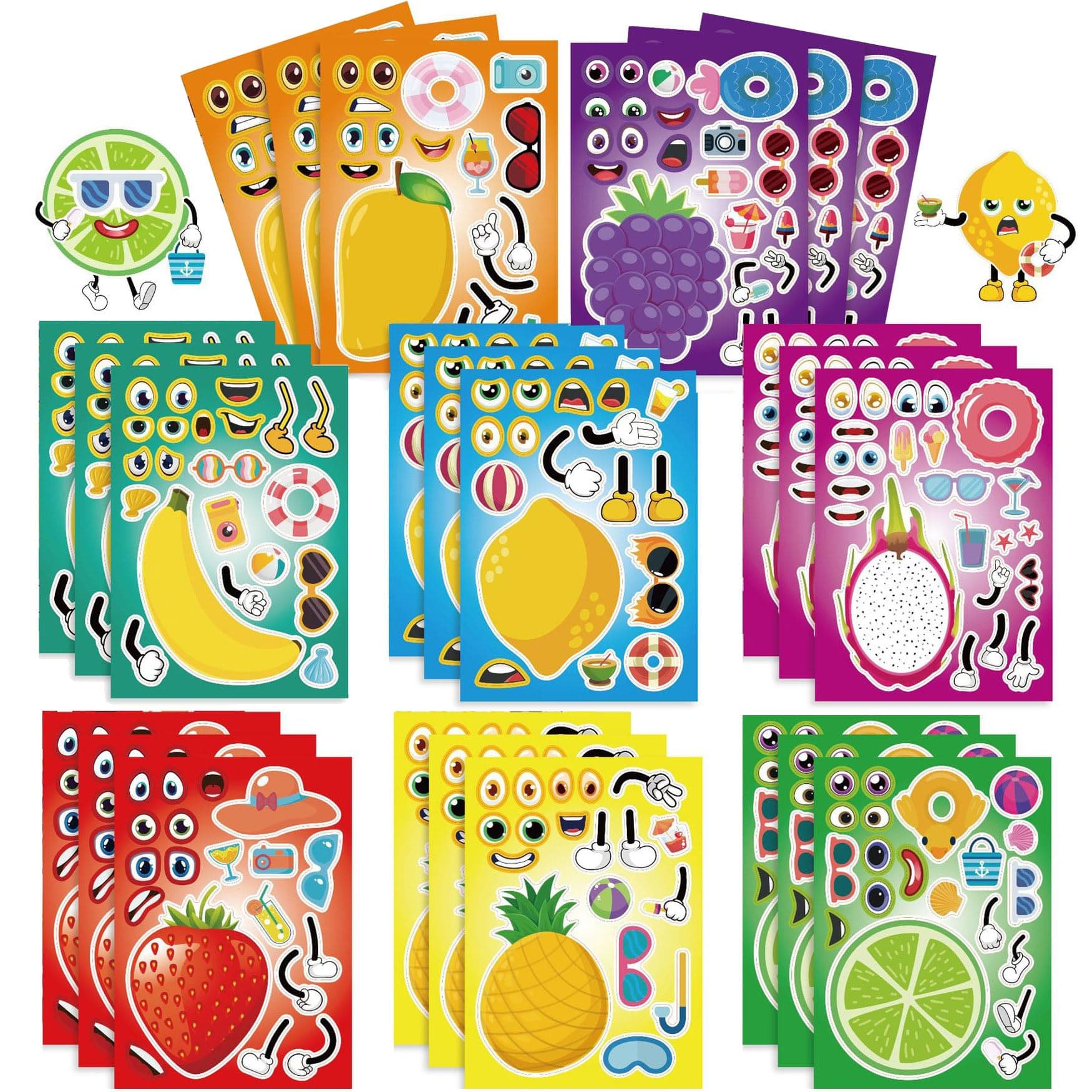24 Sheets Make Your Own Fruit Stickers Make A Face Stickers for Kids Toddlers with Cartoon Fruit Summer Hawaii Theme Characters Stickers Kids Party Favor Supplies Crafts