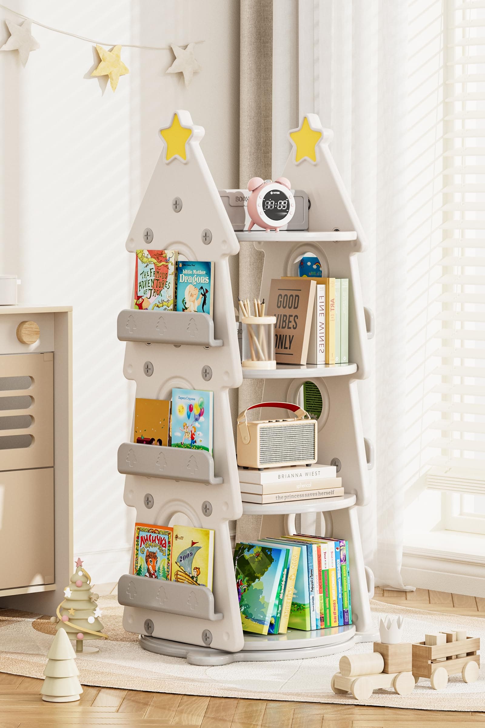 KORIMEFA Kids Rotating Bookshelf with 3-Tier Shelves and 6 Side Display Ledges, HDPE Swivel Bookcase Organizer for Toddler Room, 360° Spinning Storage Tower for Small Spaces, Grey