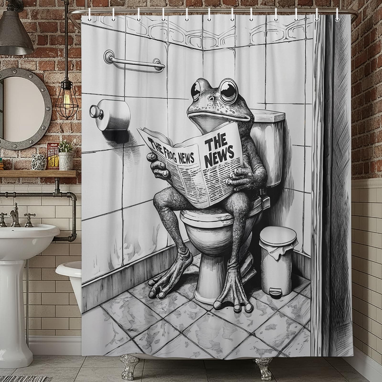 JAWO Funny Frog Shower Curtain, Vintage Cute Fun Frog Animal on Toilet Reading Newspaper Funny Shower Curtains for Bathroom, Grey Waterproof Polyester Fabric Funky Mens Shower Curtain with Hooks