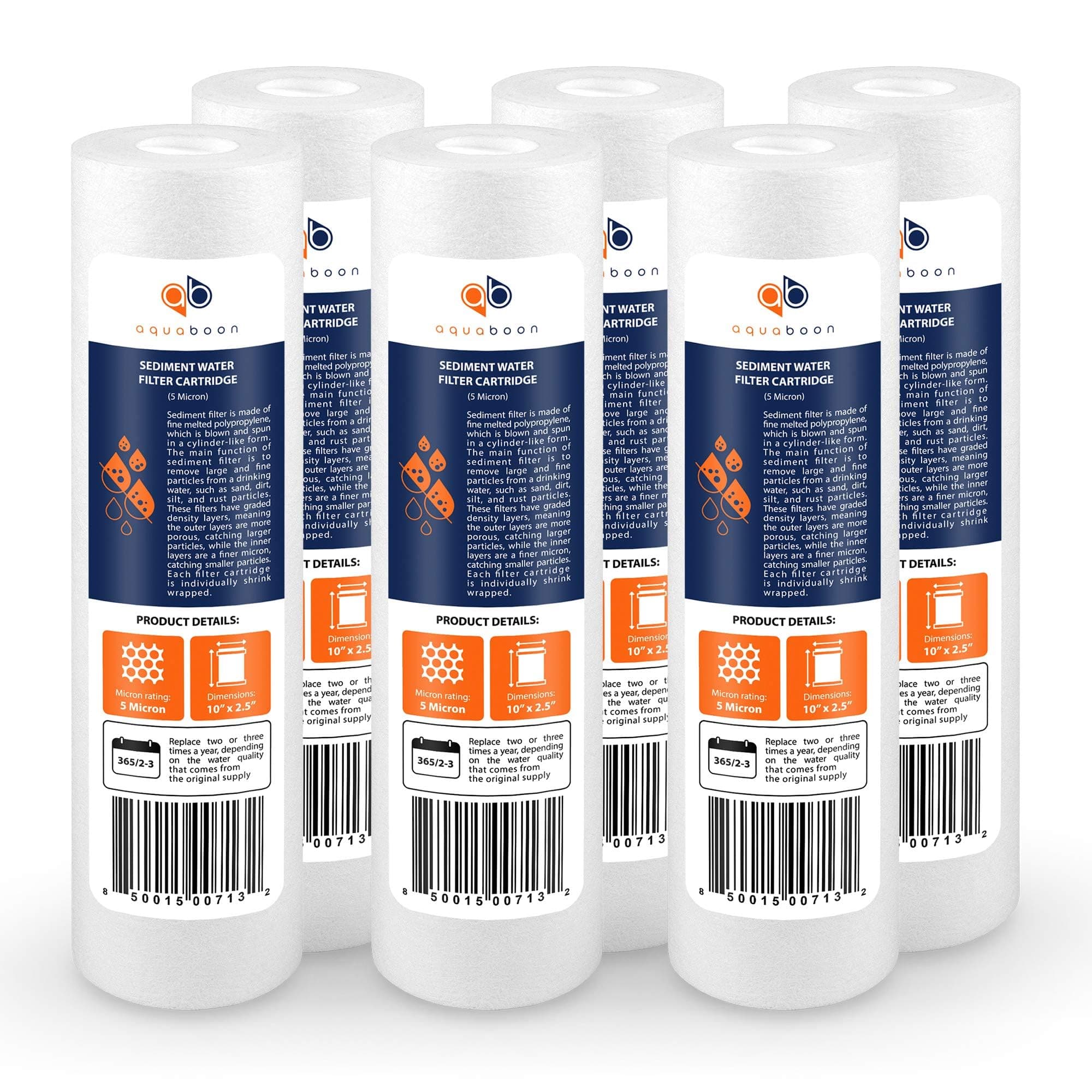 Aquaboon 5 Micron Water Filter 10" x 2.5" PP Universal Sediment Filters for Well Water - Water Filter Replacement Cartridge for Any Standard RO Unit Compatible with Aqua Pure AP110, AP101T (6 Pack)